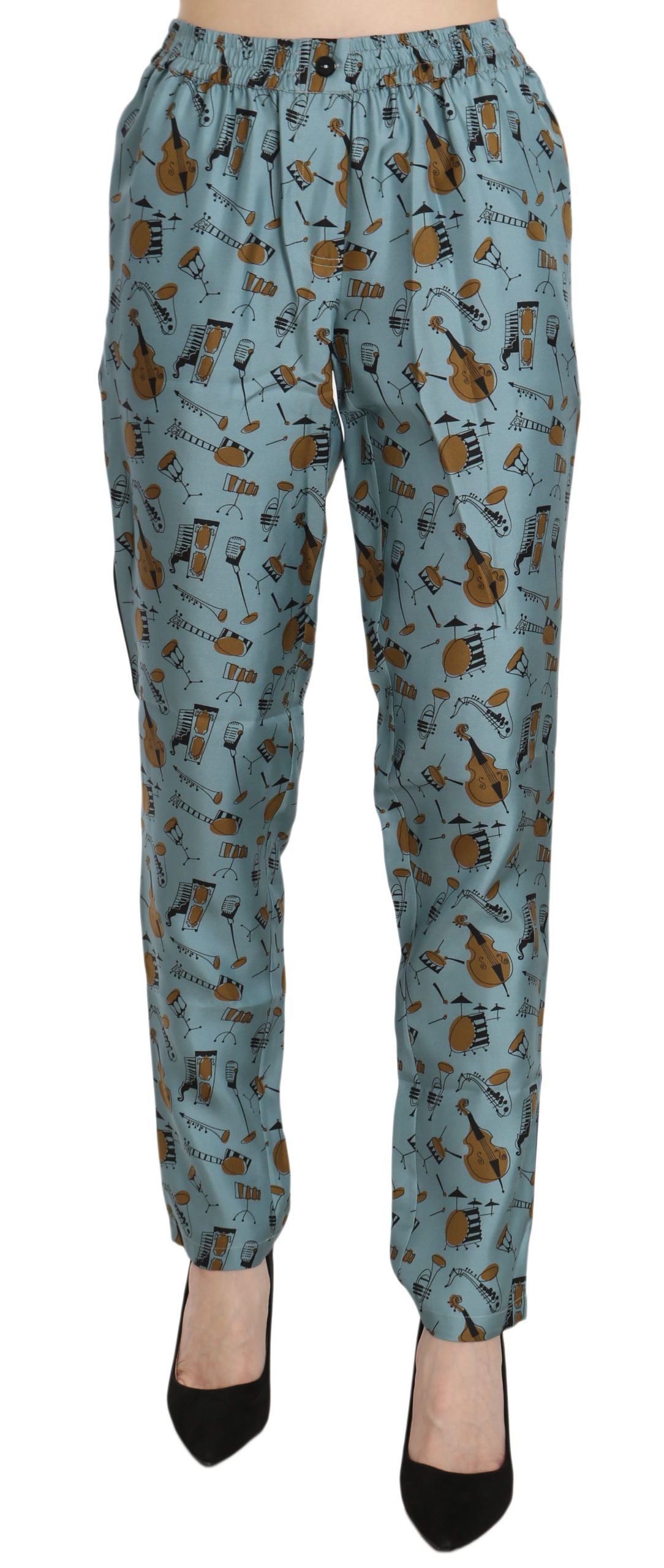 Dolce & Gabbana – Hoch taillierte, schmal zulaufende Seidenhose mit blauem Print