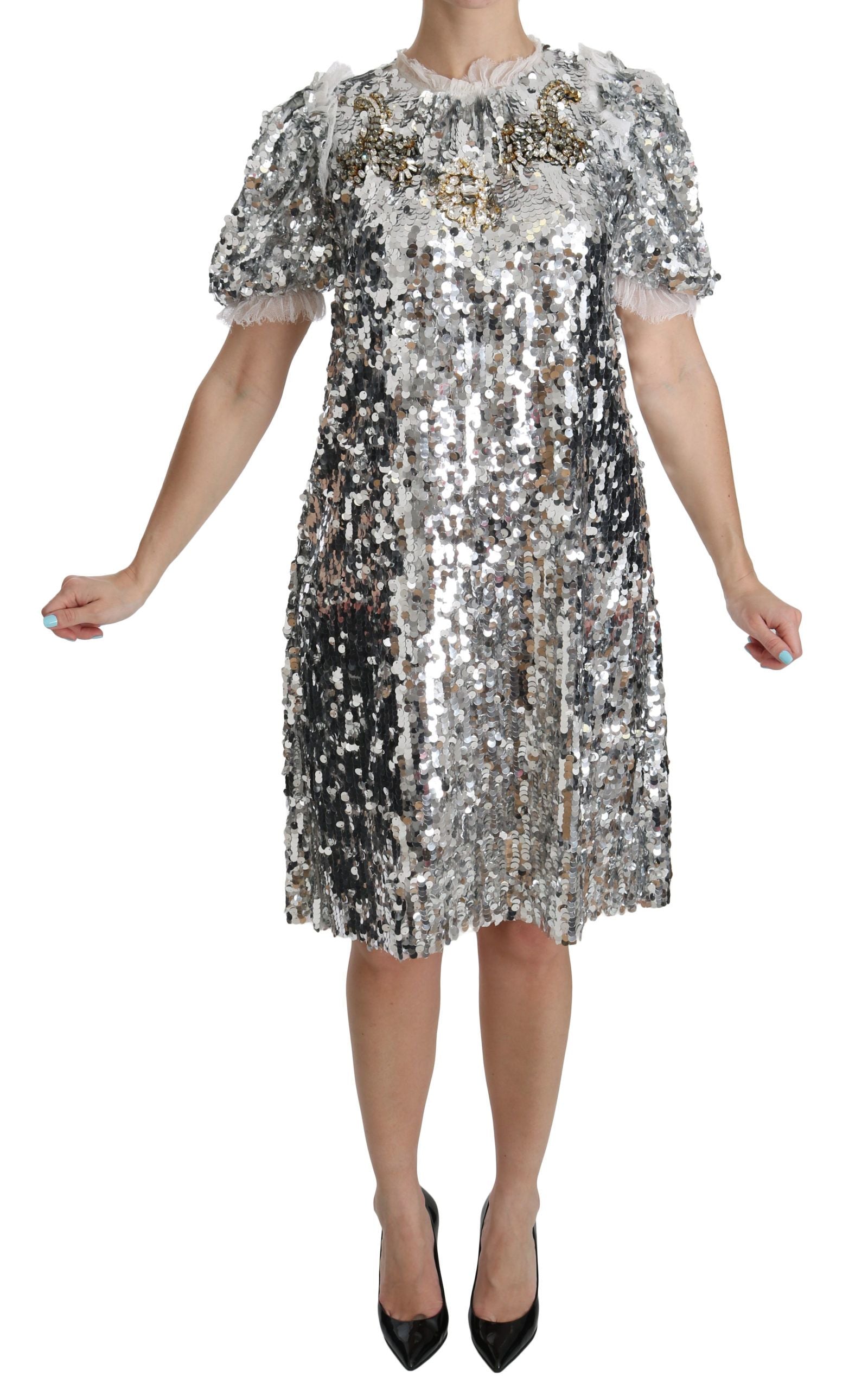 Dolce & Gabbana Elegantes silbernes A-Linien-Kleid mit Kristallakzenten