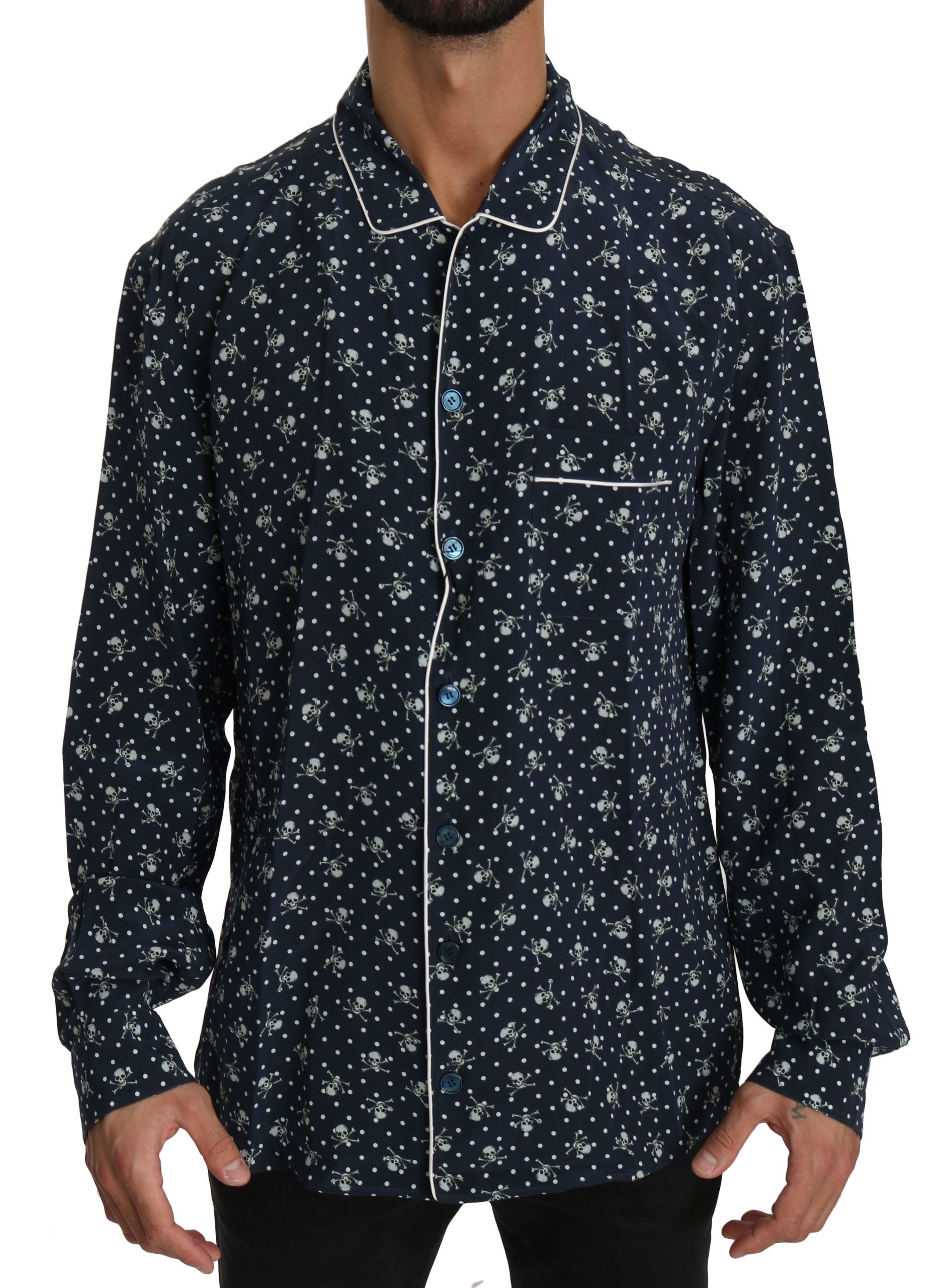 Dolce & Gabbana Silken Elegance: Blaues Lounge-Shirt mit Totenkopf-Print