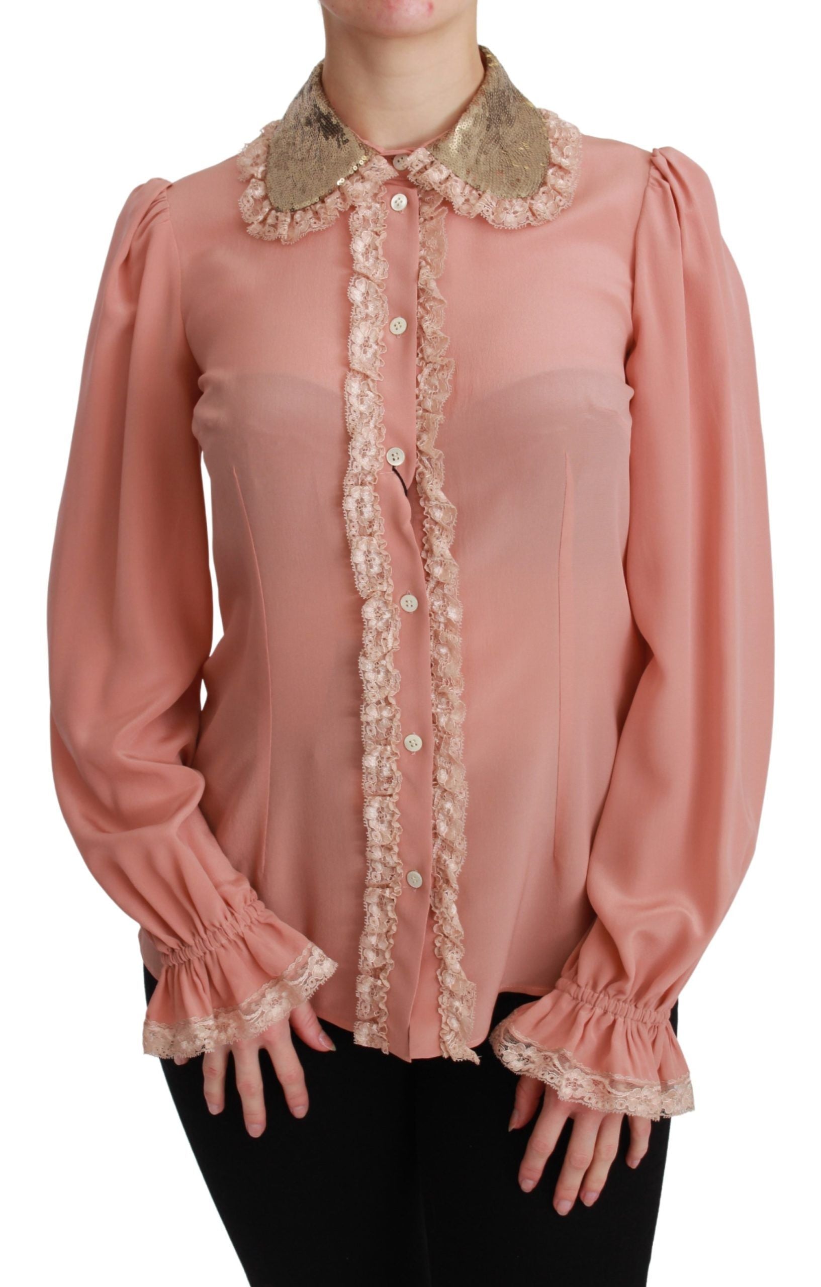 Dolce & Gabbana Elegante rosa Spitzen-Seidenbluse mit goldenen Pailletten