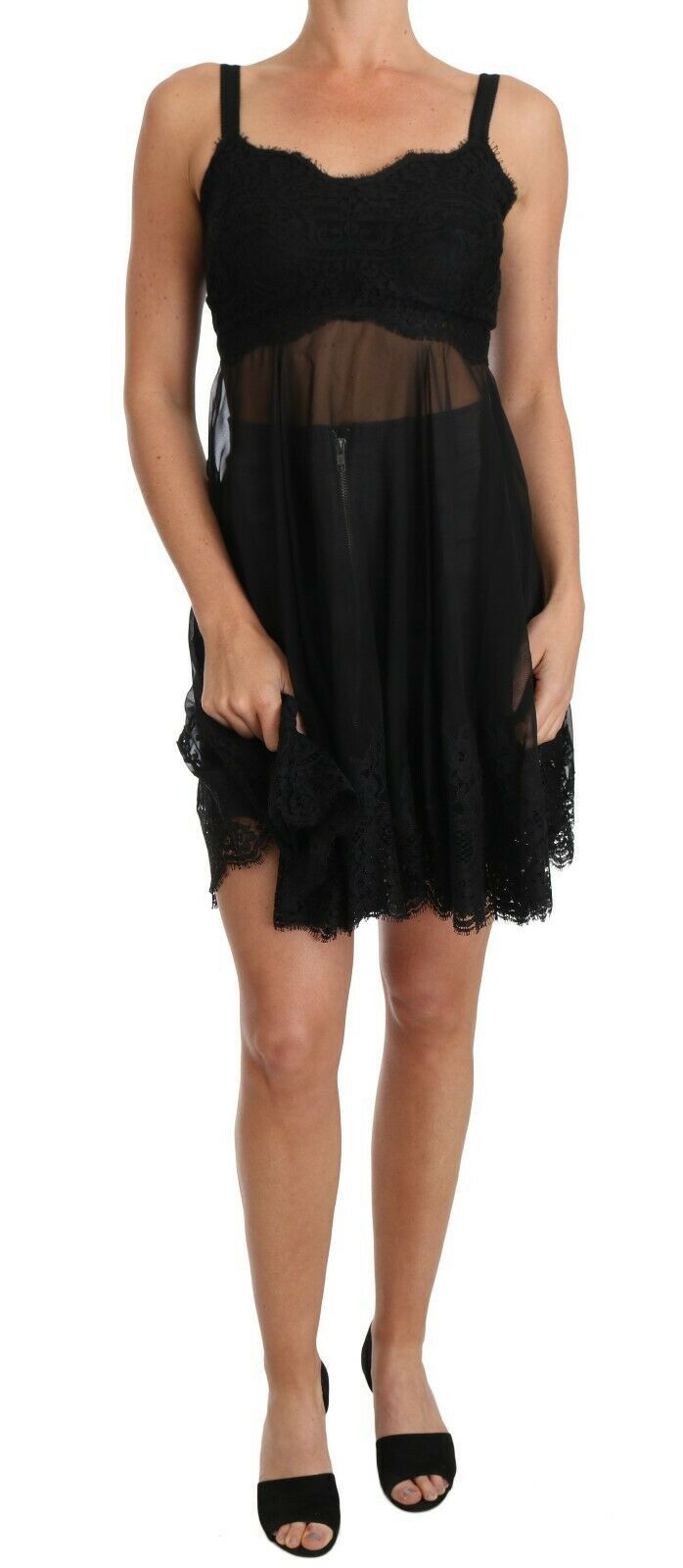 Dolce & Gabbana – Elegantes schwarzes Chemise-Kleid aus geblümter Seide und Spitze