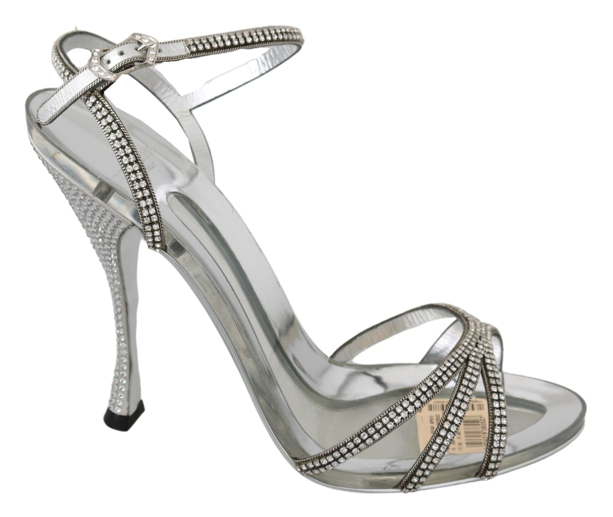 Dolce & Gabbana – Silberne Sandalen aus Leder mit Knöchelriemen und Kristallen