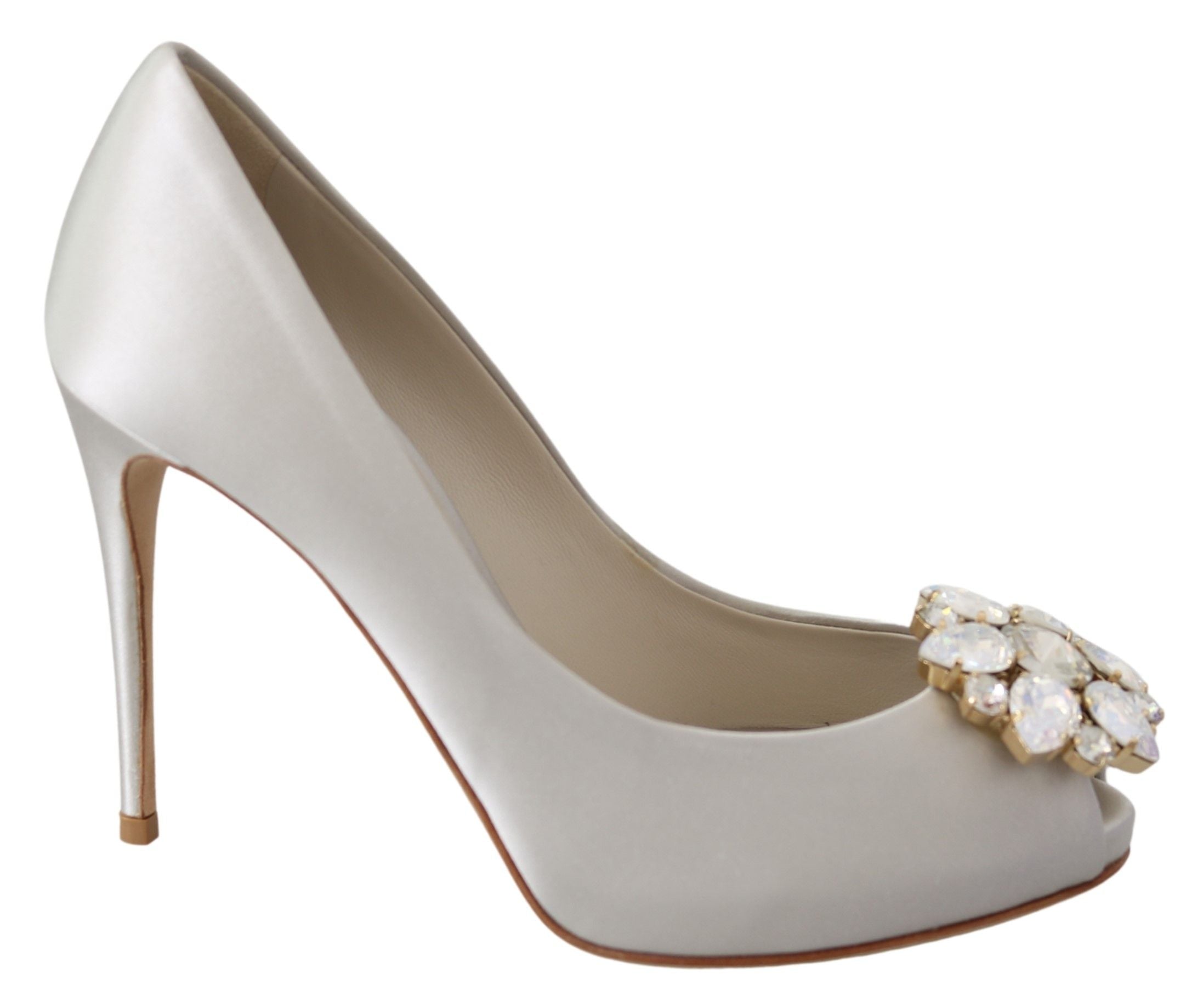 Dolce & Gabbana Weiße Kristalle Peep Toe Heels Satin Pumps Schuhe