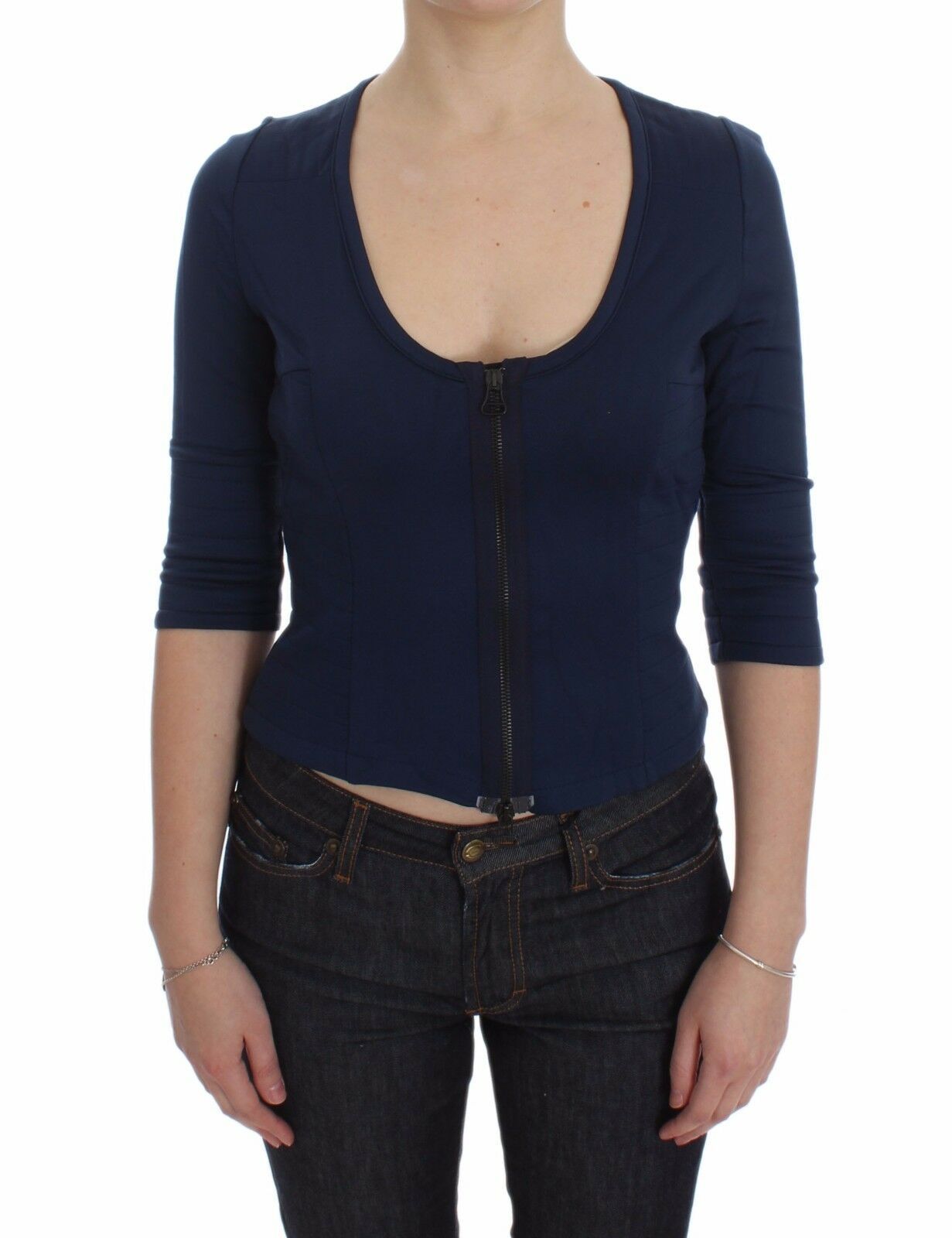 Exte Chic – Blauer Pullover mit Rundhalsausschnitt und Reißverschluss
