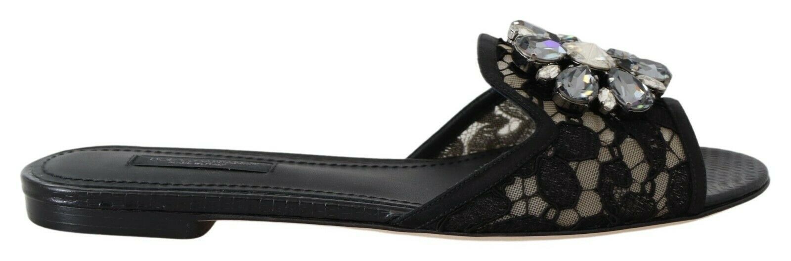Dolce & Gabbana – Elegante Pantoletten aus schwarzer Spitze mit Schmuckblumendetail