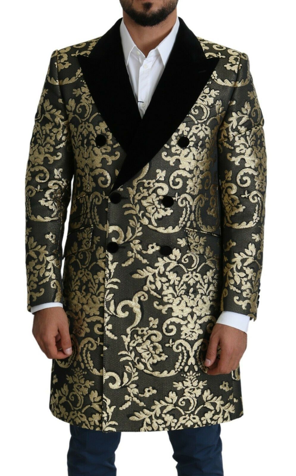 Dolce & Gabbana Goldschwarzer Sicilia-Jacquard-Zweireihermantel