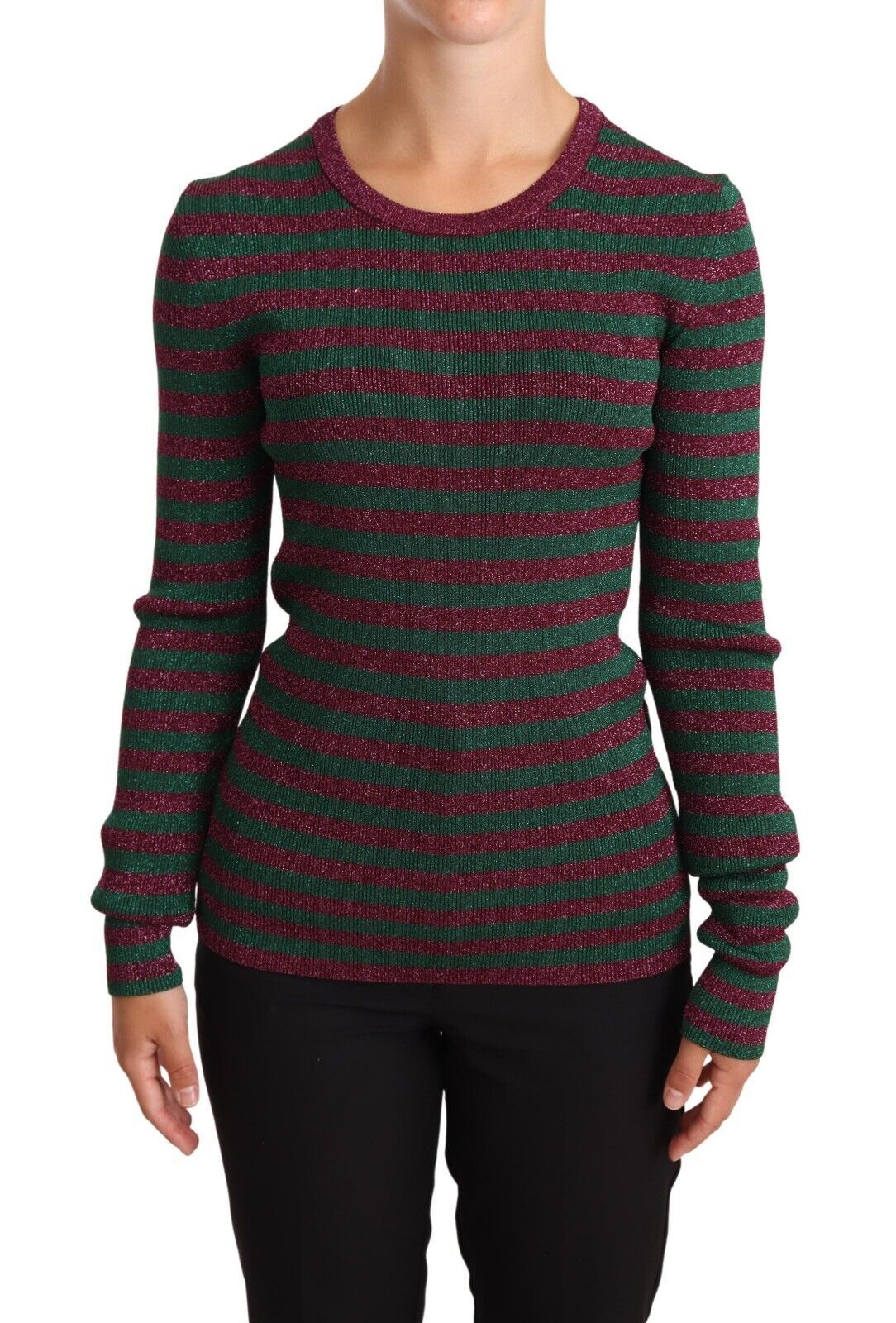 Dolce & Gabbana Eleganter Pullover mit Rundhalsausschnitt und Streifen in Kastanienbraun und Grün