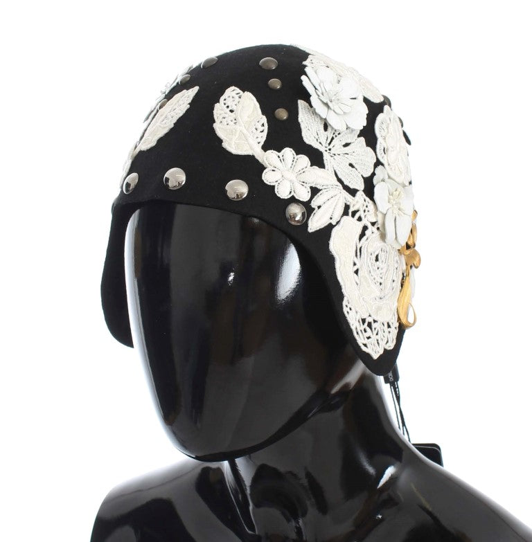 Dolce & Gabbana Eleganter schwarzer Glockenhut aus Wolle mit Blumenmuster