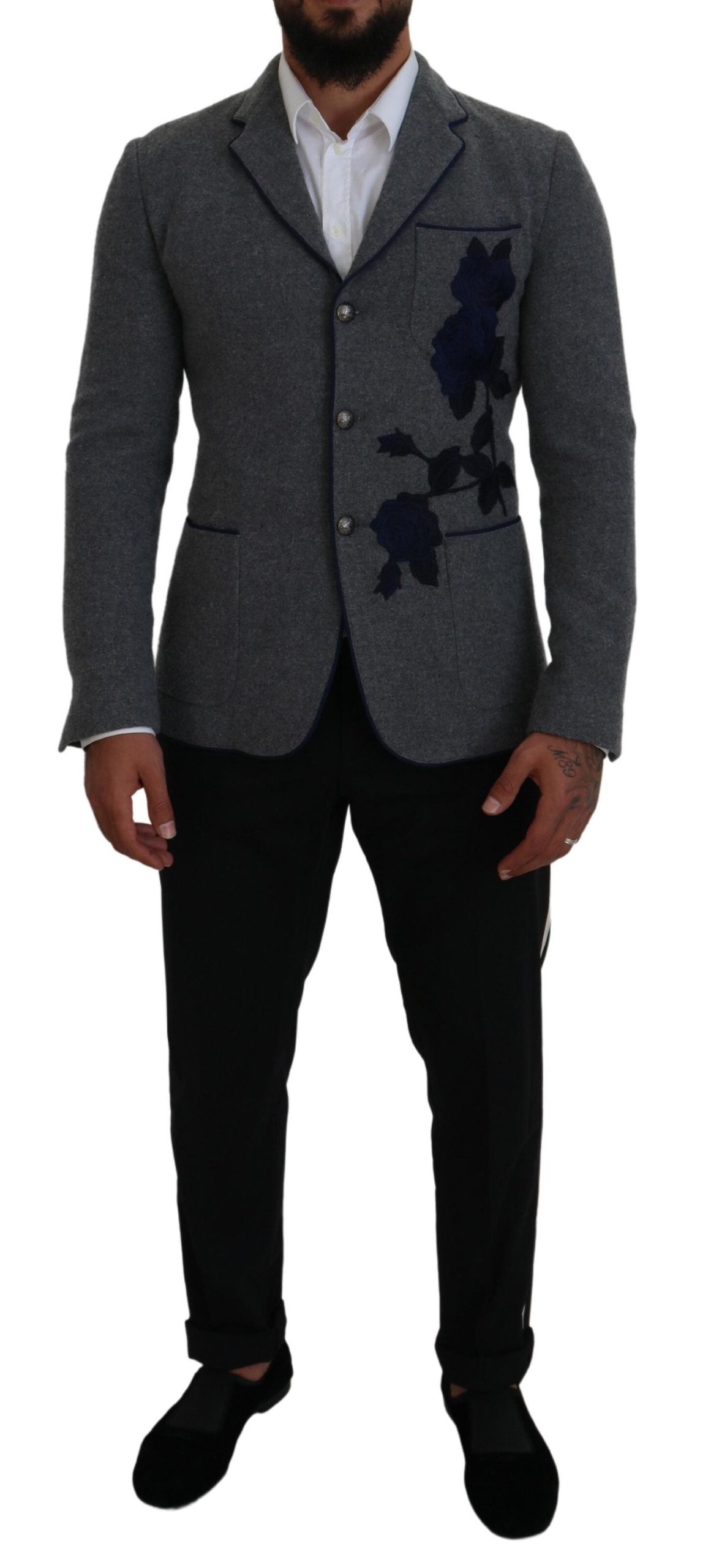 Dolce & Gabbana Eleganter grauer Wollblazer mit blauer Rosenstickerei