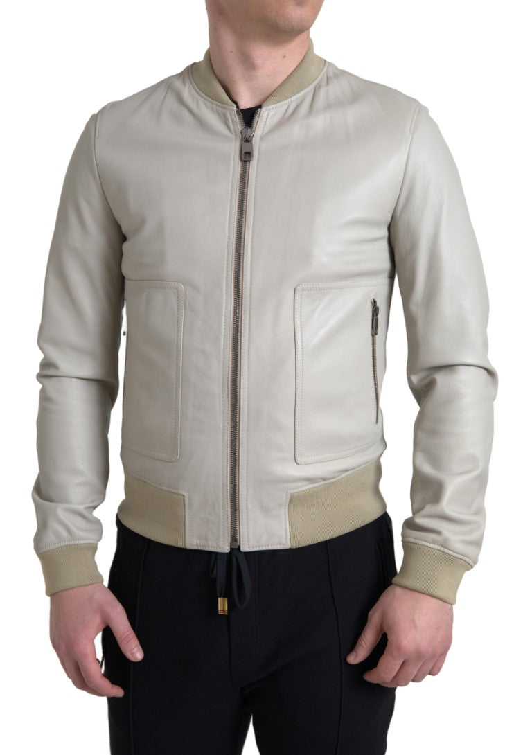 Dolce & Gabbana – Cremefarbene Bomber-Blousonjacke aus Leder mit durchgehendem Reißverschluss