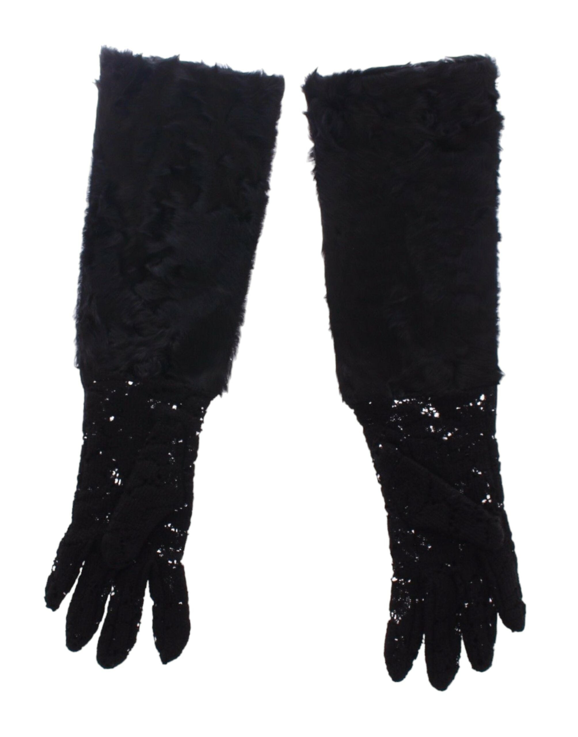 Dolce & Gabbana – Schwarze Ellbogenhandschuhe aus Wollspitze und Lammfell