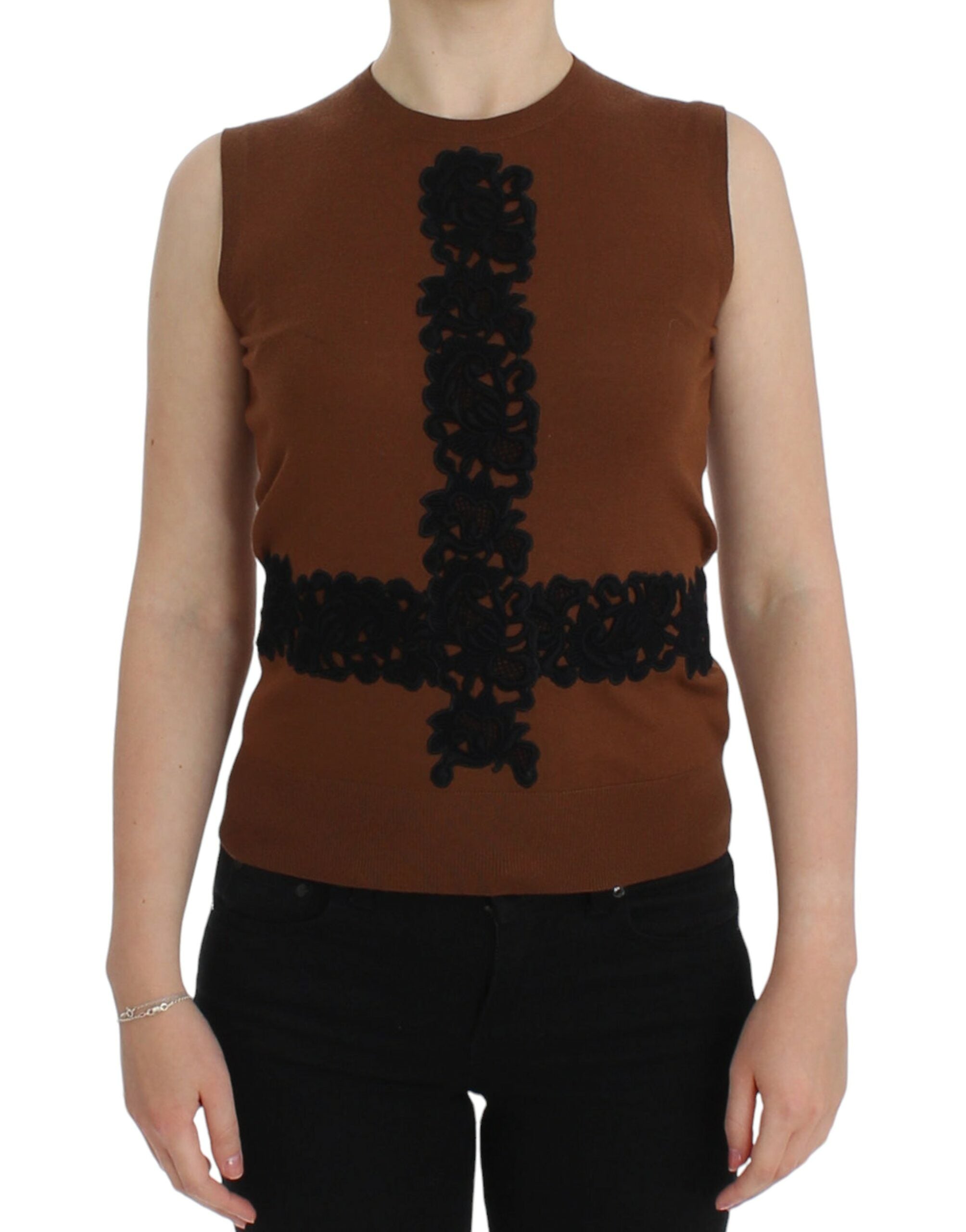 Dolce & Gabbana – Weste aus brauner Wolle mit schwarzer Spitze