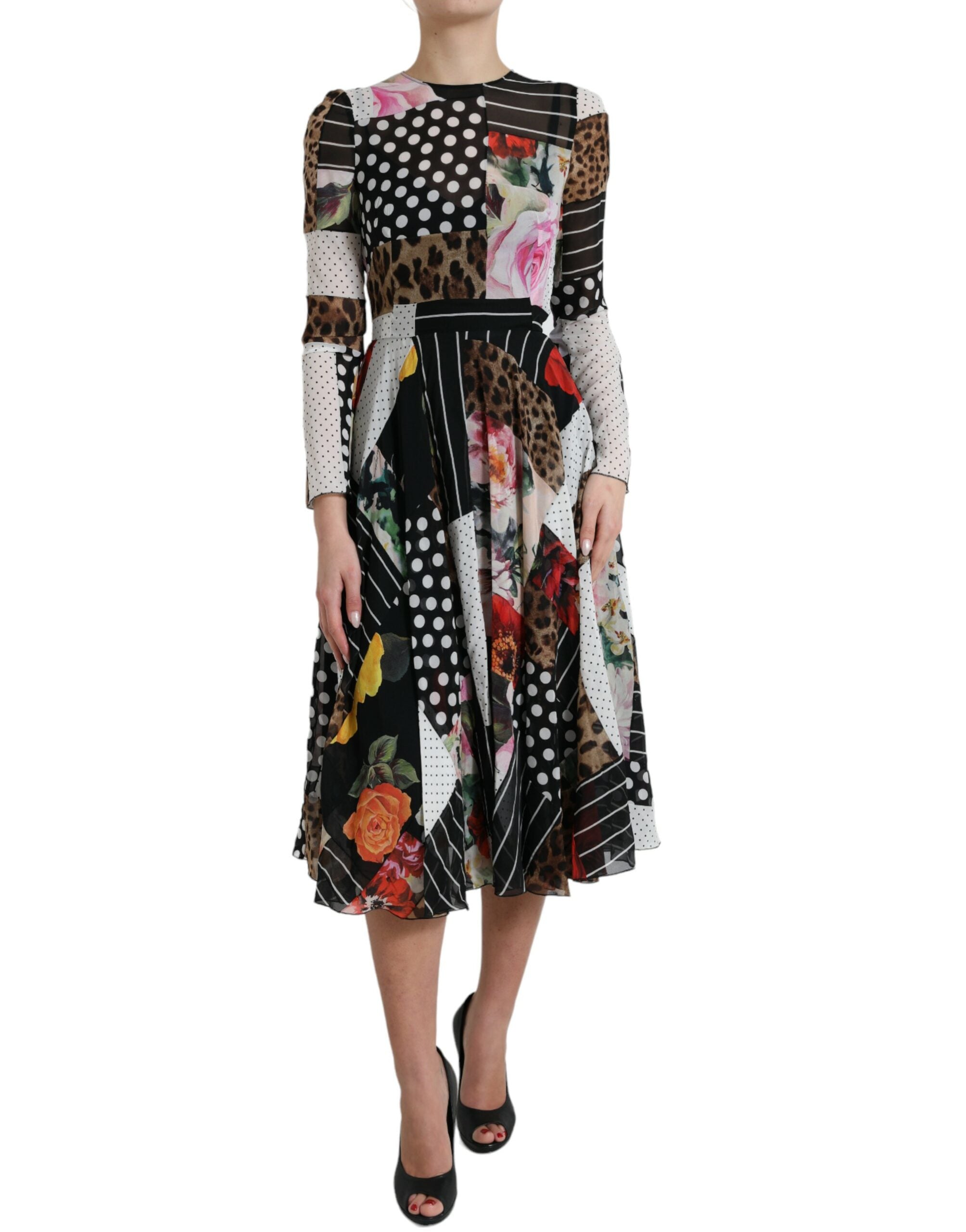 Dolce & Gabbana Elegantes Patchwork-Midikleid aus Seide in A-Linie