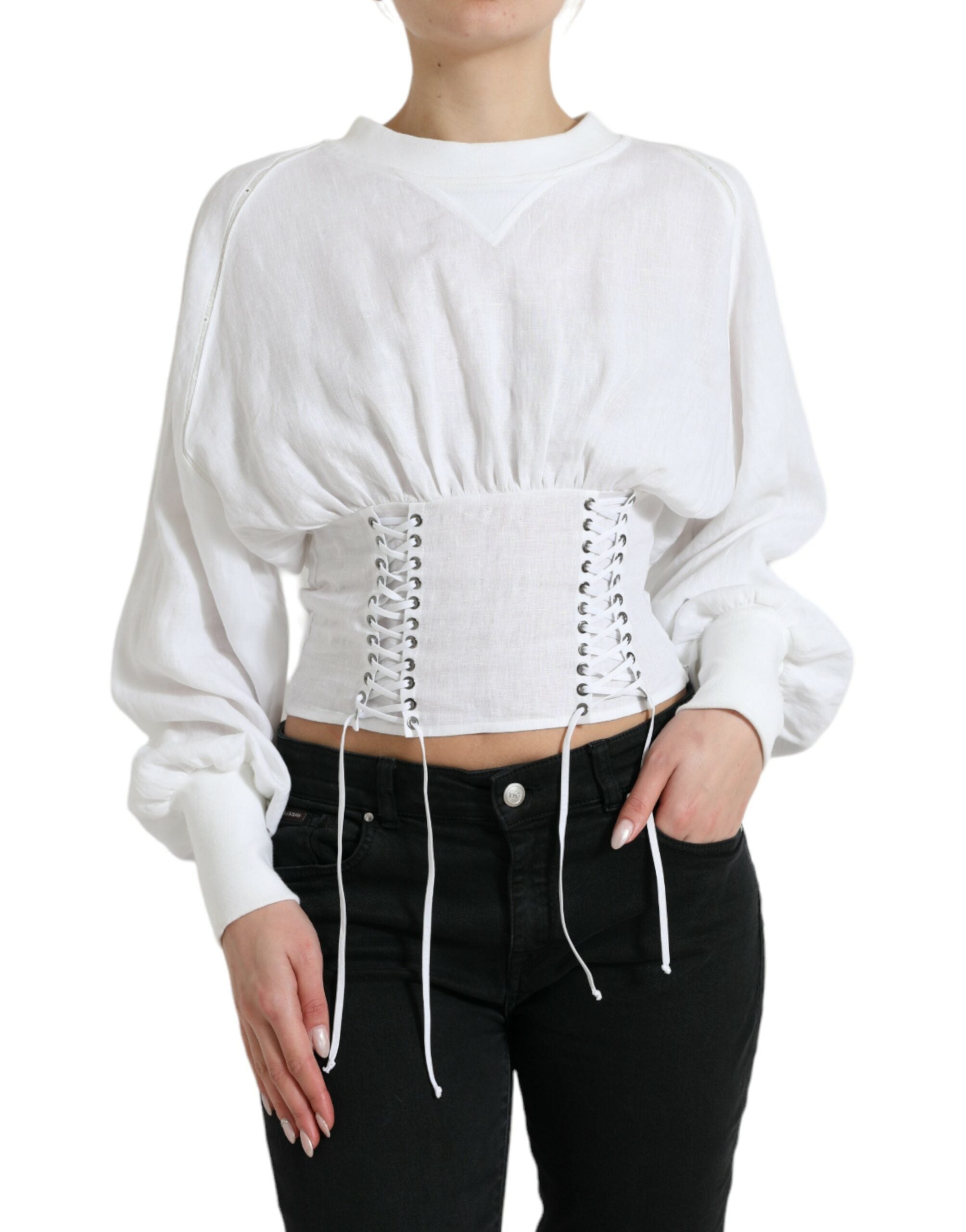 Dolce & Gabbana White Cotton Corset Cropped Long Sleeves Topclothing