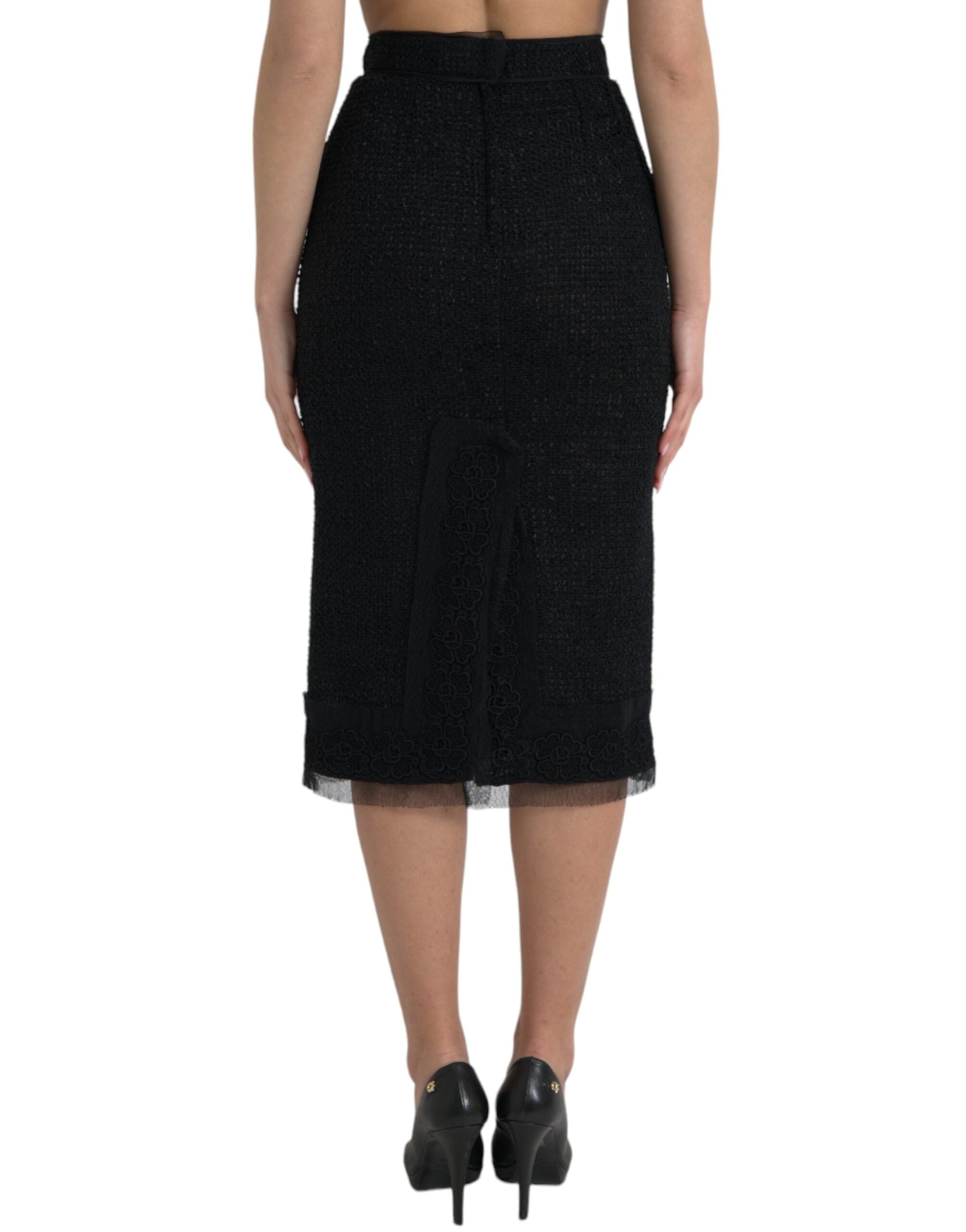 Dolce & Gabbana Black Wool High Waist Pencil Cut Midi Skirt