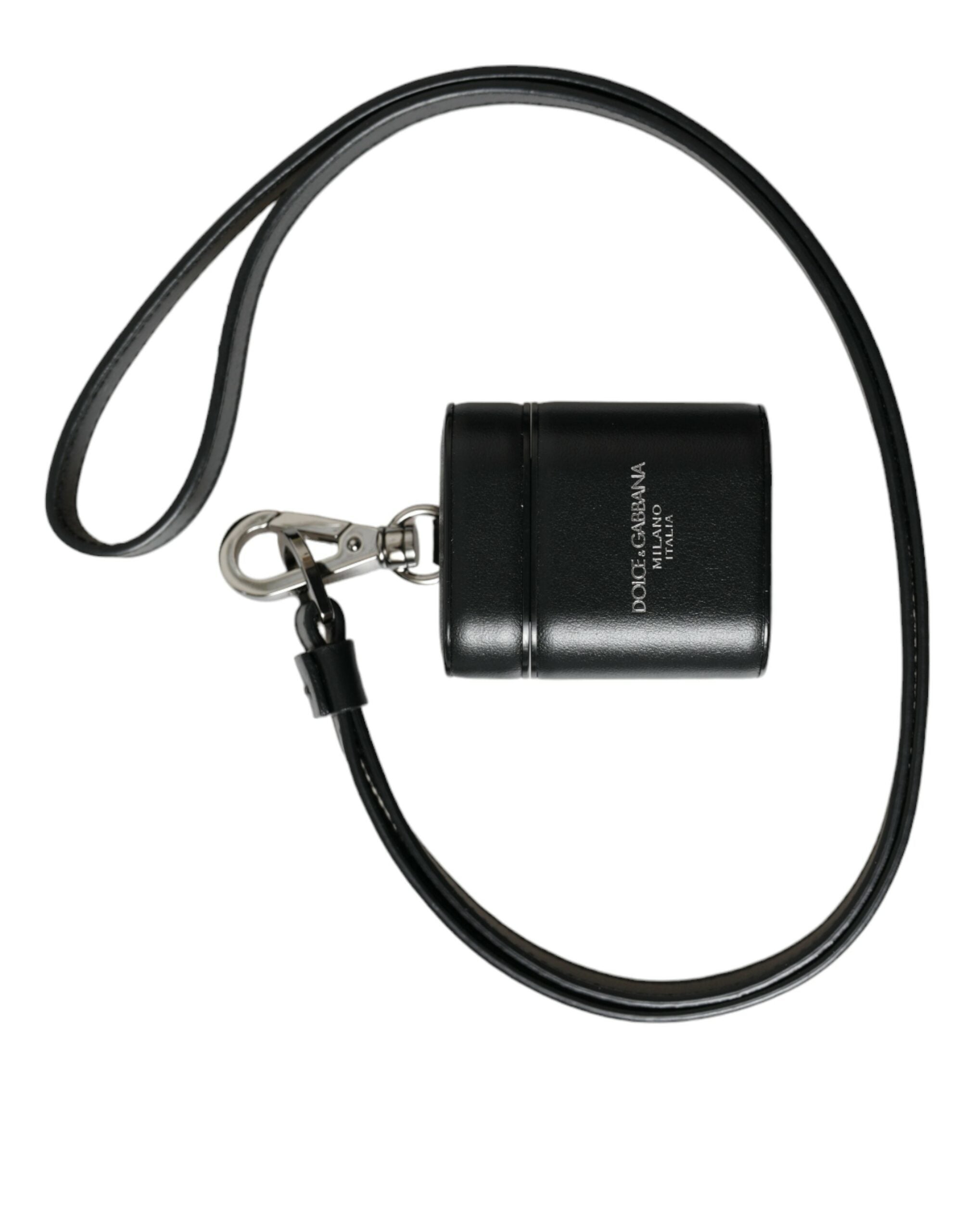 Dolce & Gabbana – Airpods-Hülle mit schwarzem Lederarmband und silbernem Metalllogo
