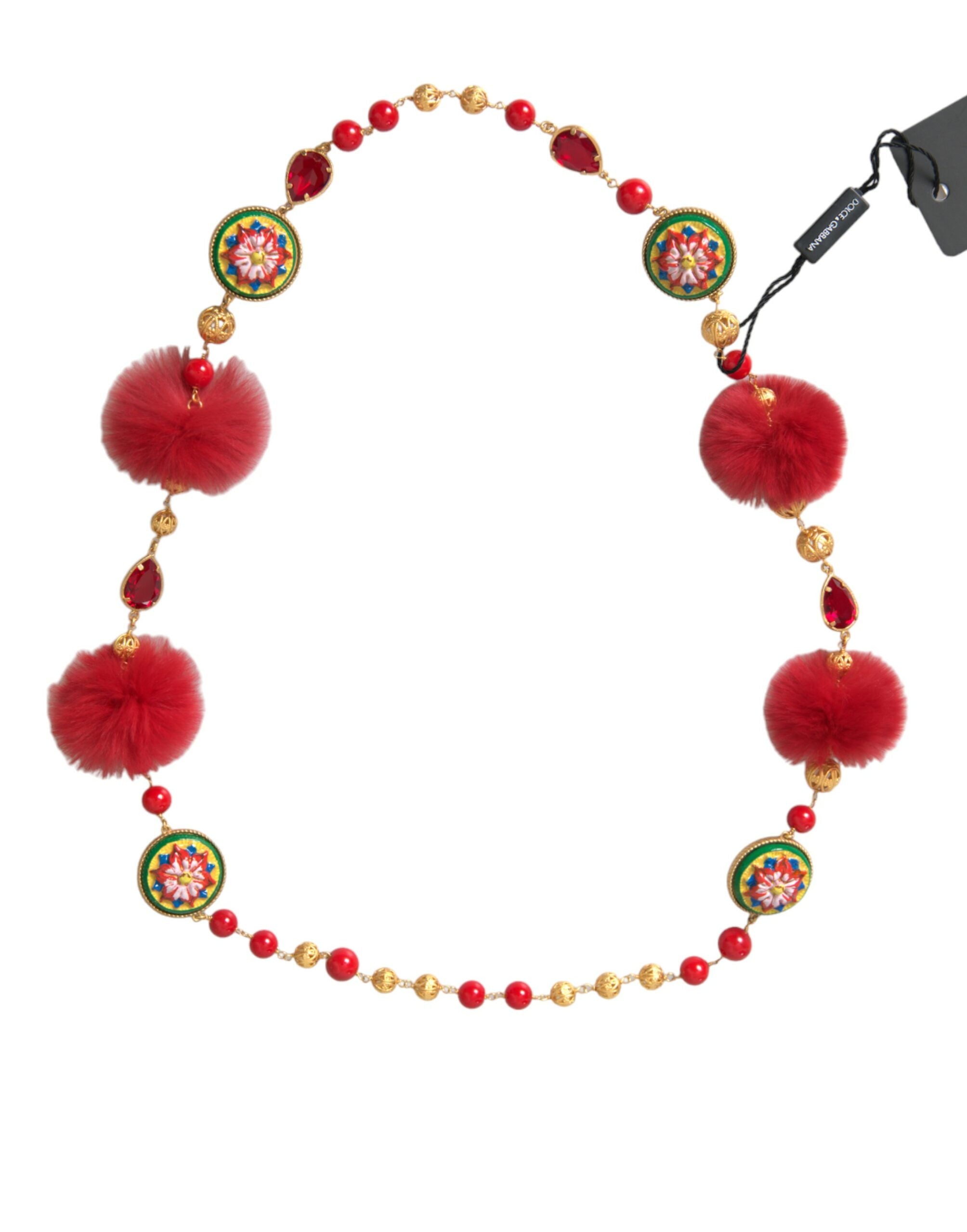 Dolce & Gabbana Carretto-Kettenhalskette aus goldenem Messing mit rotem Pelz und Kristallen