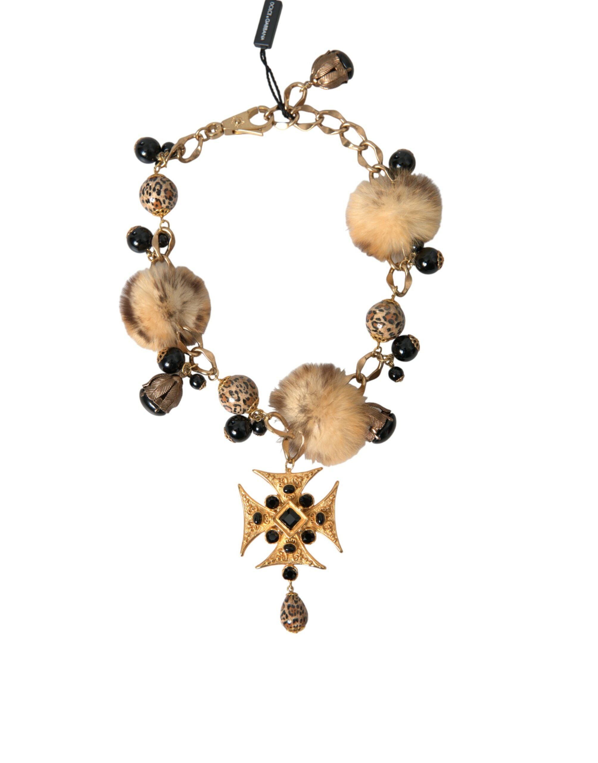 Dolce & Gabbana – Filigrane Halskette mit Lapin-Fell in Gold und schwarzen Kristallen