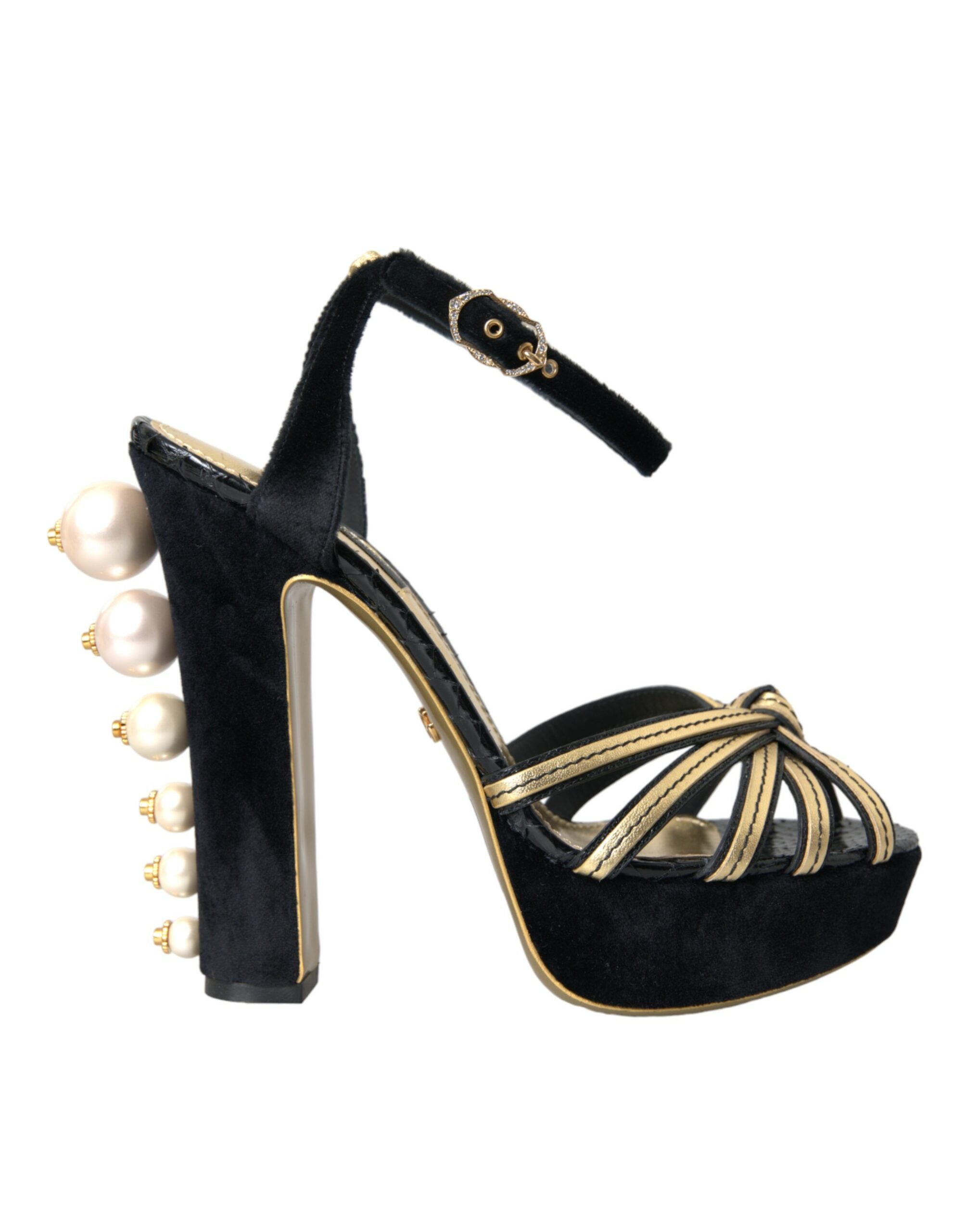 Dolce & Gabbana Schwarz Gold Verzierte Heels Sandalen Schuhe