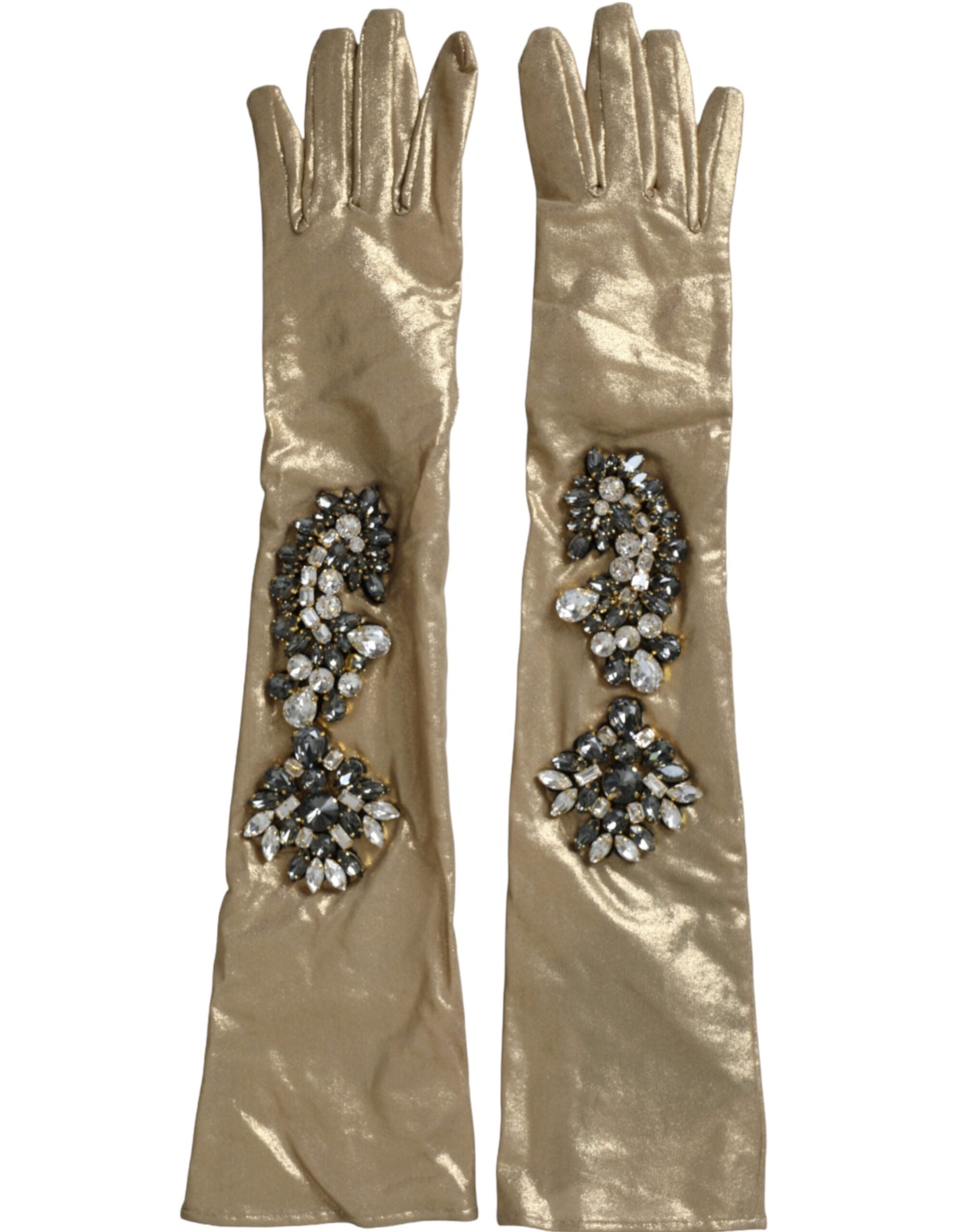 Dolce & Gabbana – Beige Satin-Handschuhe mit Kristallen in Ellenbogenlänge