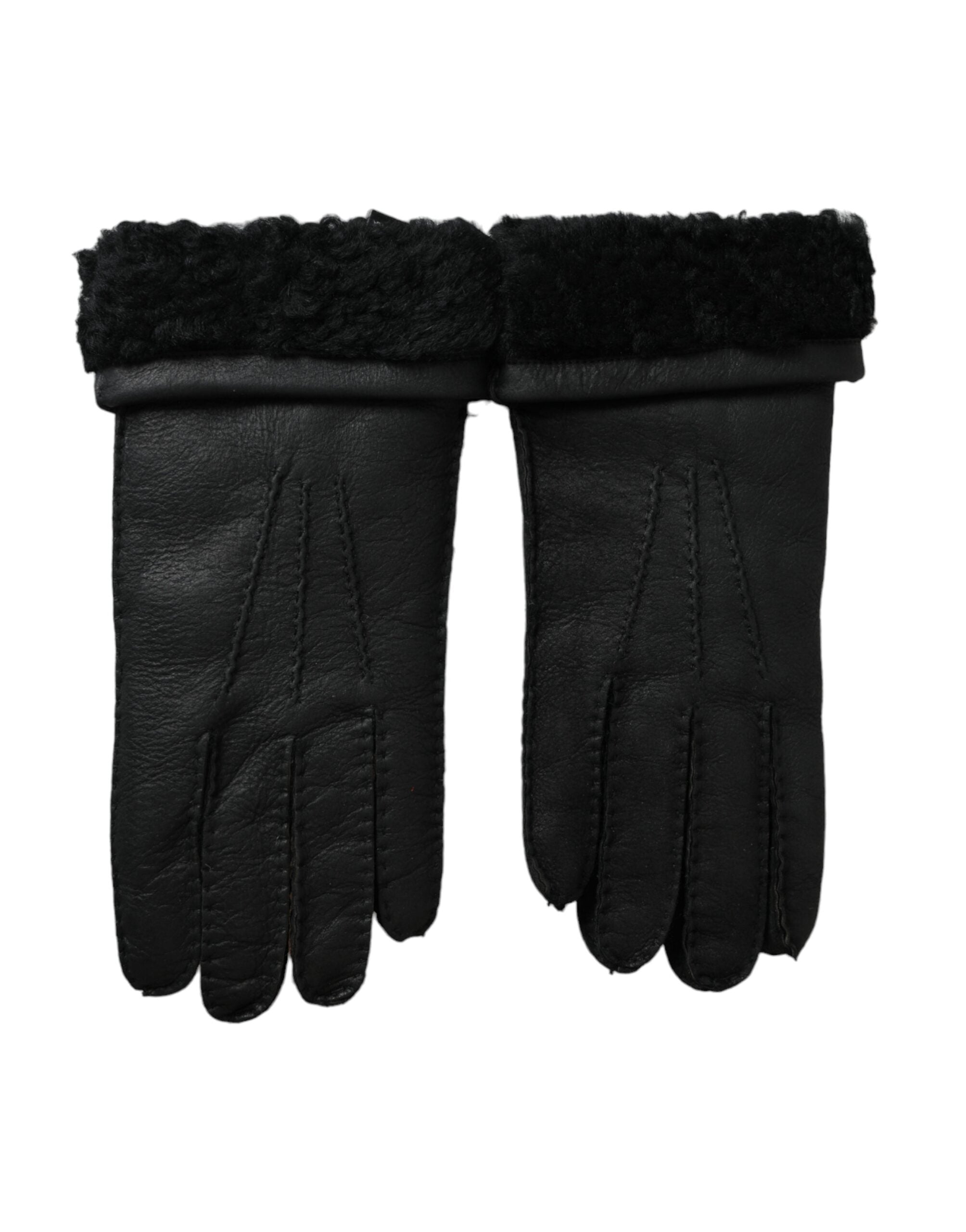 Dolce & Gabbana – Kurze Handschuhe aus schwarzem Leder und Pelz