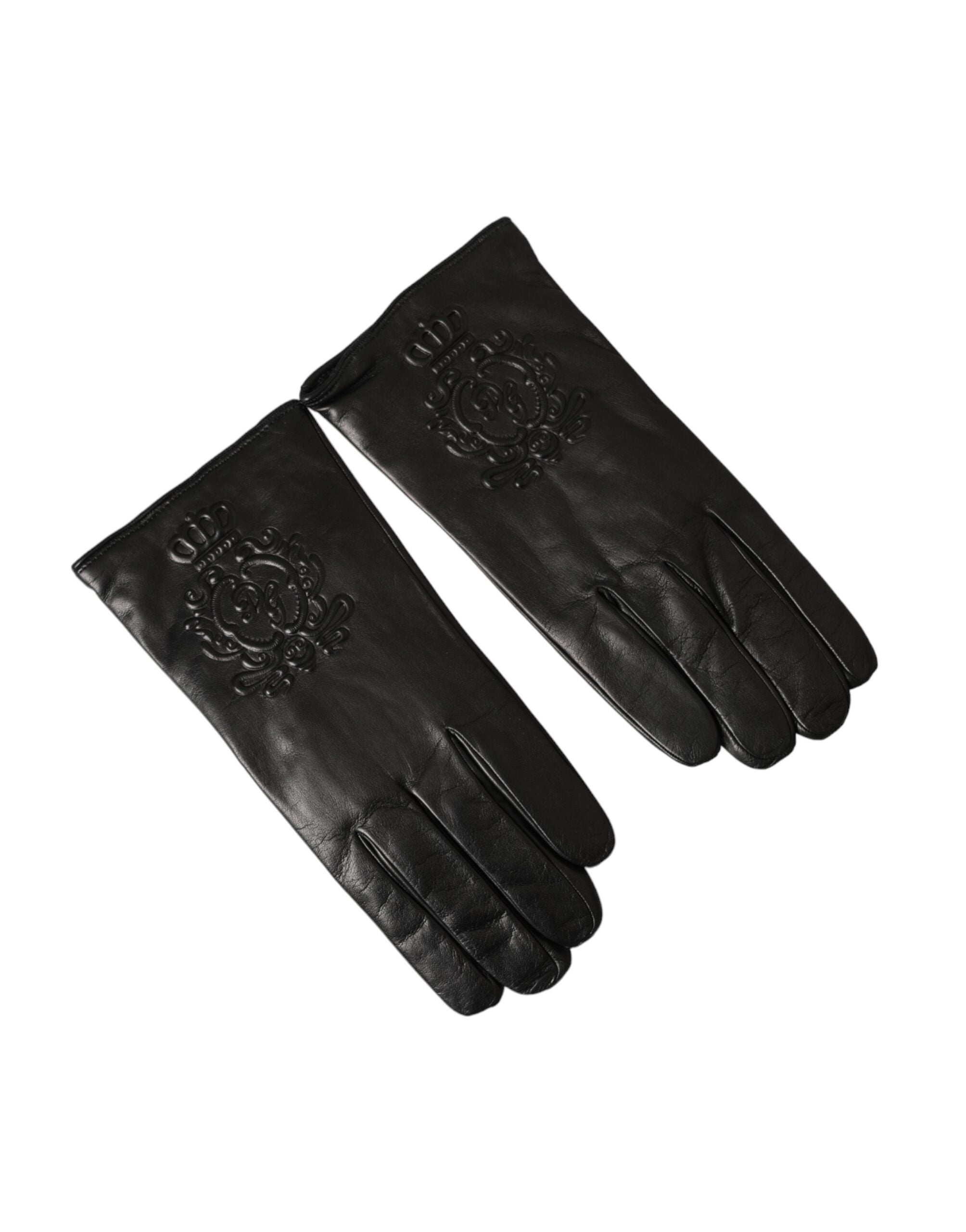 Dolce & Gabbana – Kurze Handschuhe aus schwarzem Leder mit geprägtem Logo