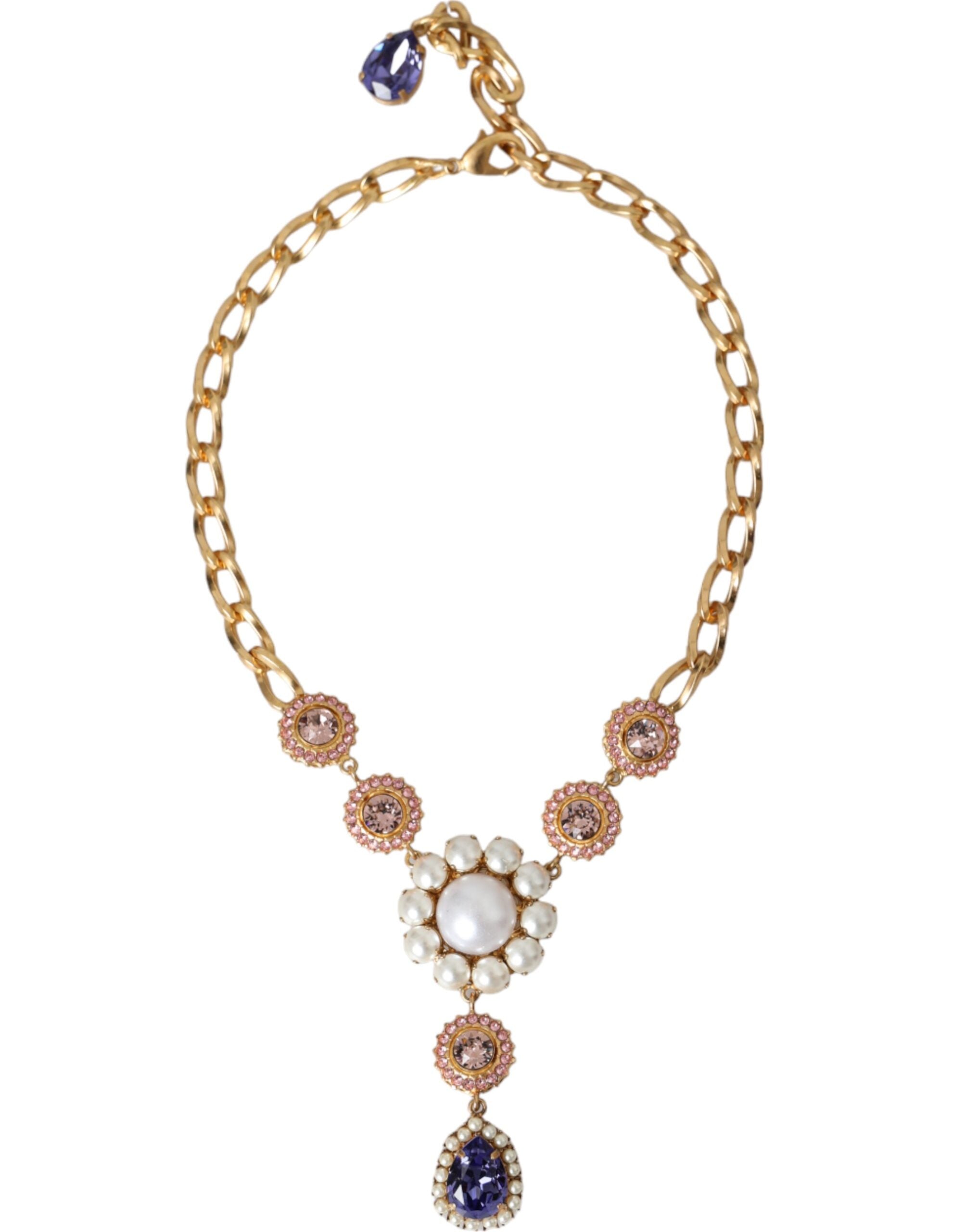Dolce & Gabbana Halskette mit Anhängern aus goldenem Messing mit Kristallen, lila und rosa Perlen
