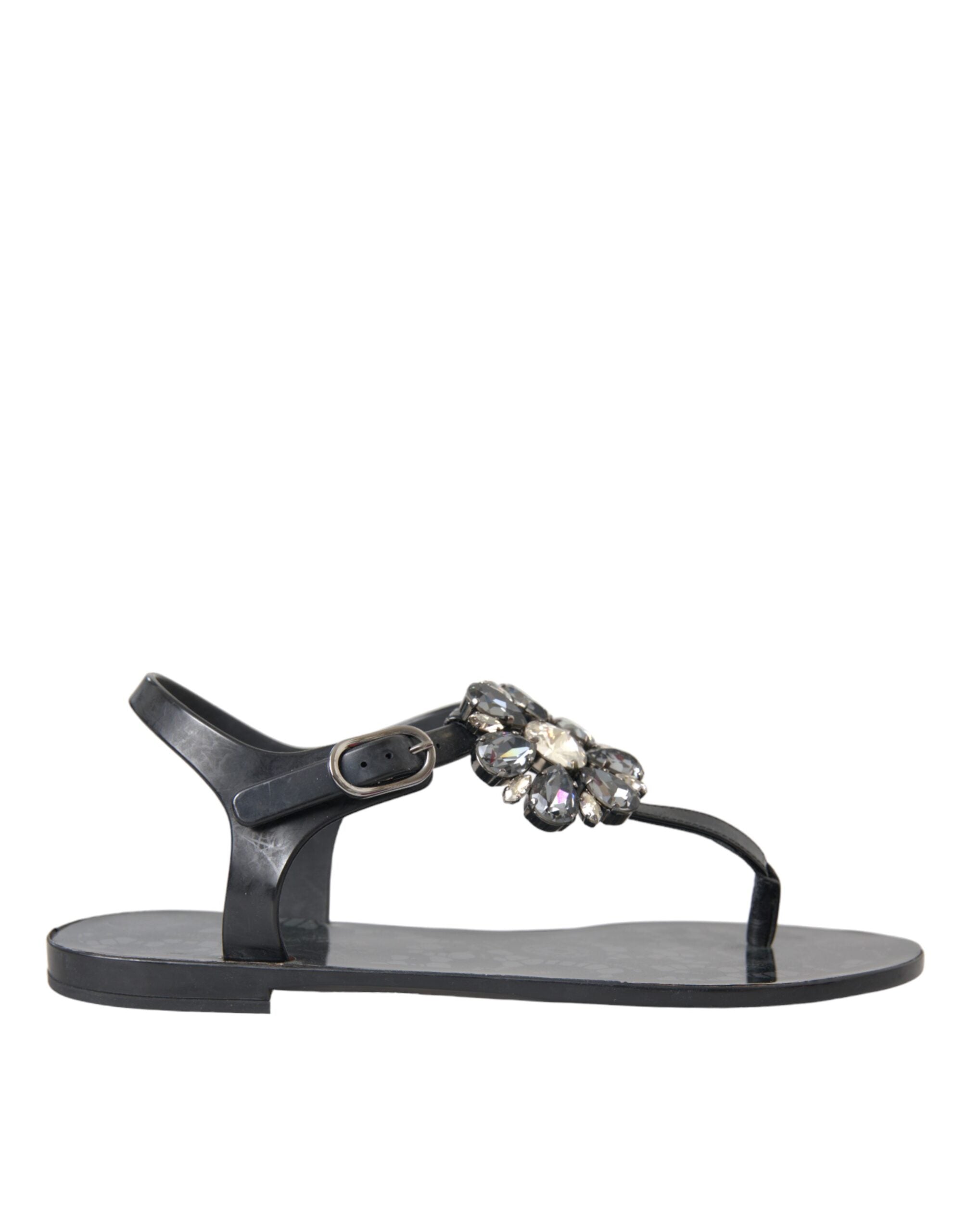 Dolce & Gabbana Schwarze Kristall-Flache Sandalen Flip-Flops Schuhe