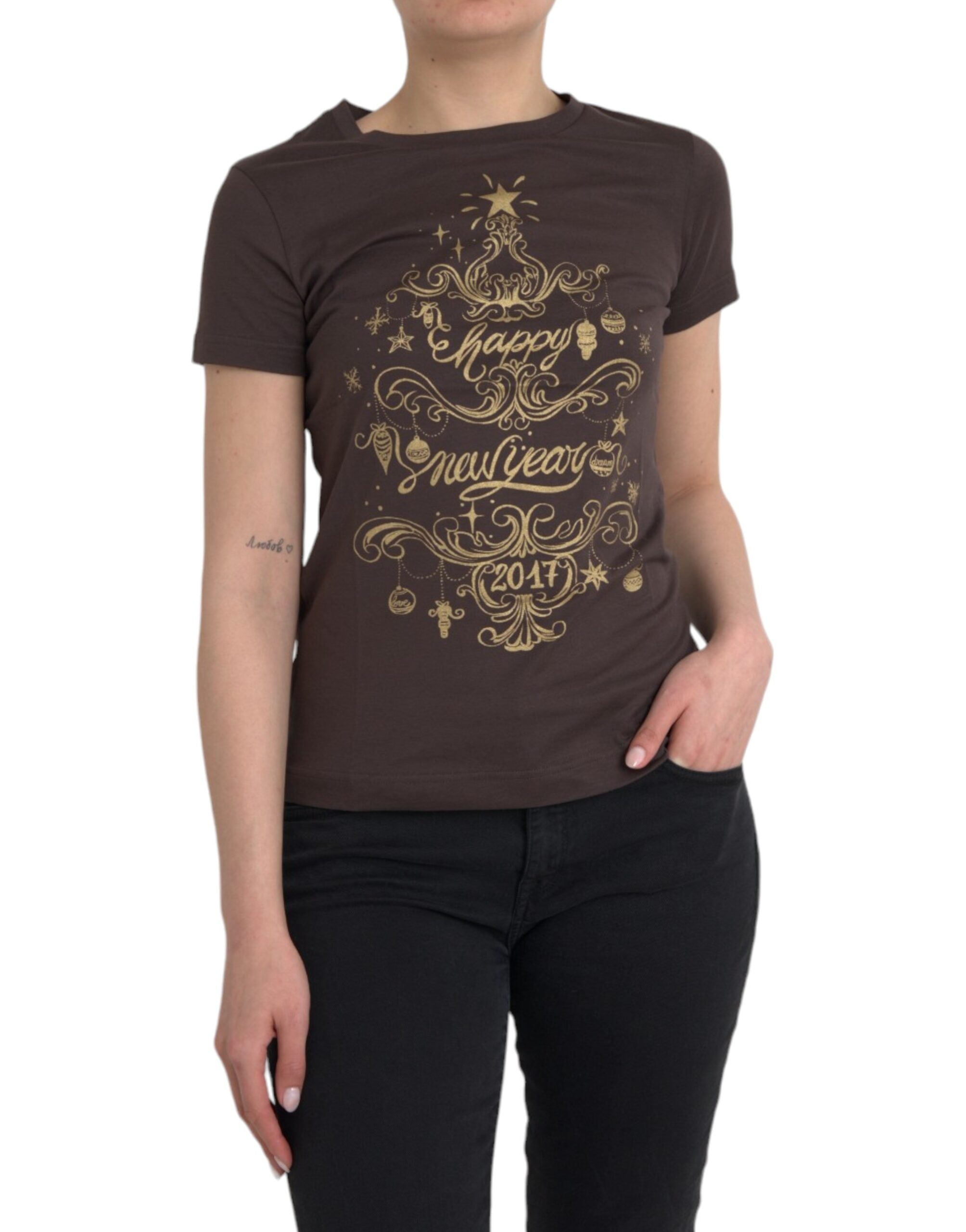 Dolce & Gabbana – Braunes T-Shirt mit Rundhalsausschnitt und Motivdruck 2017