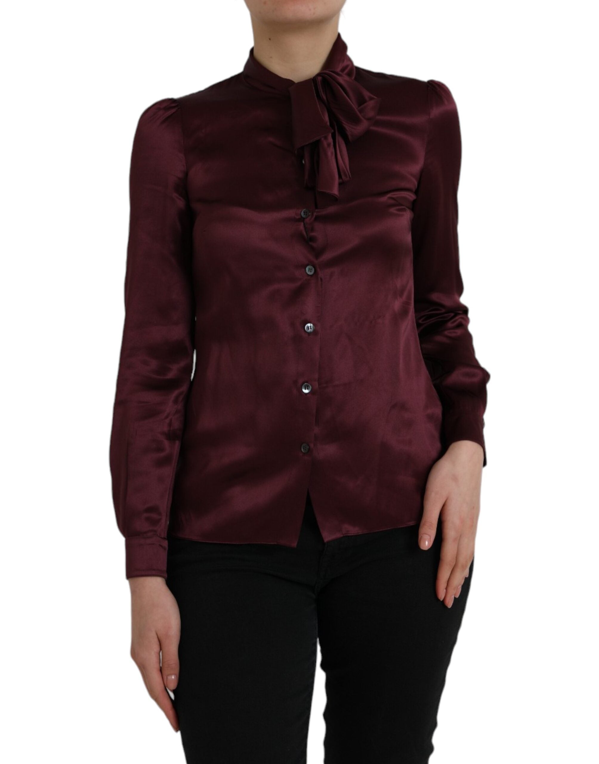 Dolce & Gabbana – Kastanienbraune Bluse mit Ascot-Kragen und langen Ärmeln