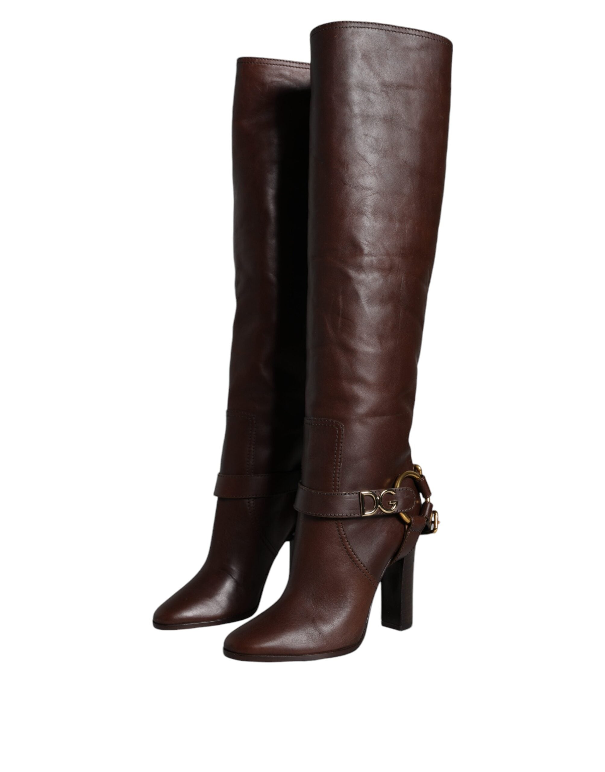 Dolce & Gabbana – Hohe Stiefel aus braunem Leder mit goldfarbenem Logo