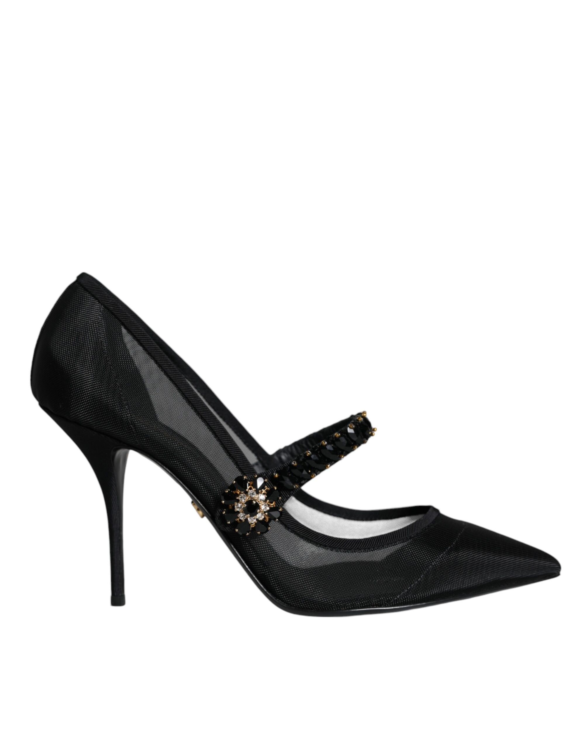 Dolce & Gabbana – Schwarze Mary-Jane-Pumps aus Netzstoff mit Kristallabsatz