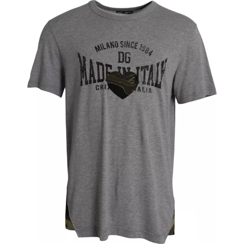 Dolce & Gabbana Graues T-Shirt aus Baumwolle mit Rundhalsausschnitt und grafischem Druck