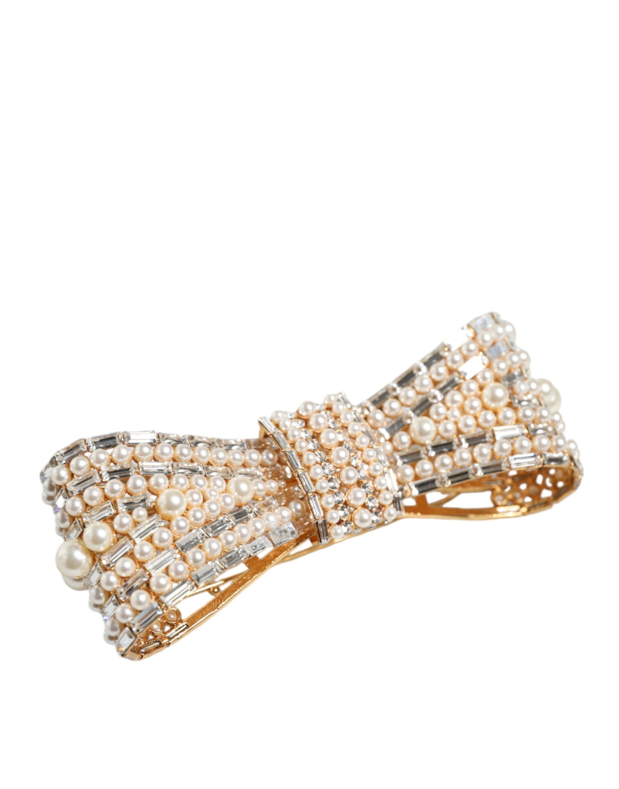 Dolce & Gabbana Brosche aus goldfarbenem Messing mit Schleife und Kristall-Kunstperlen