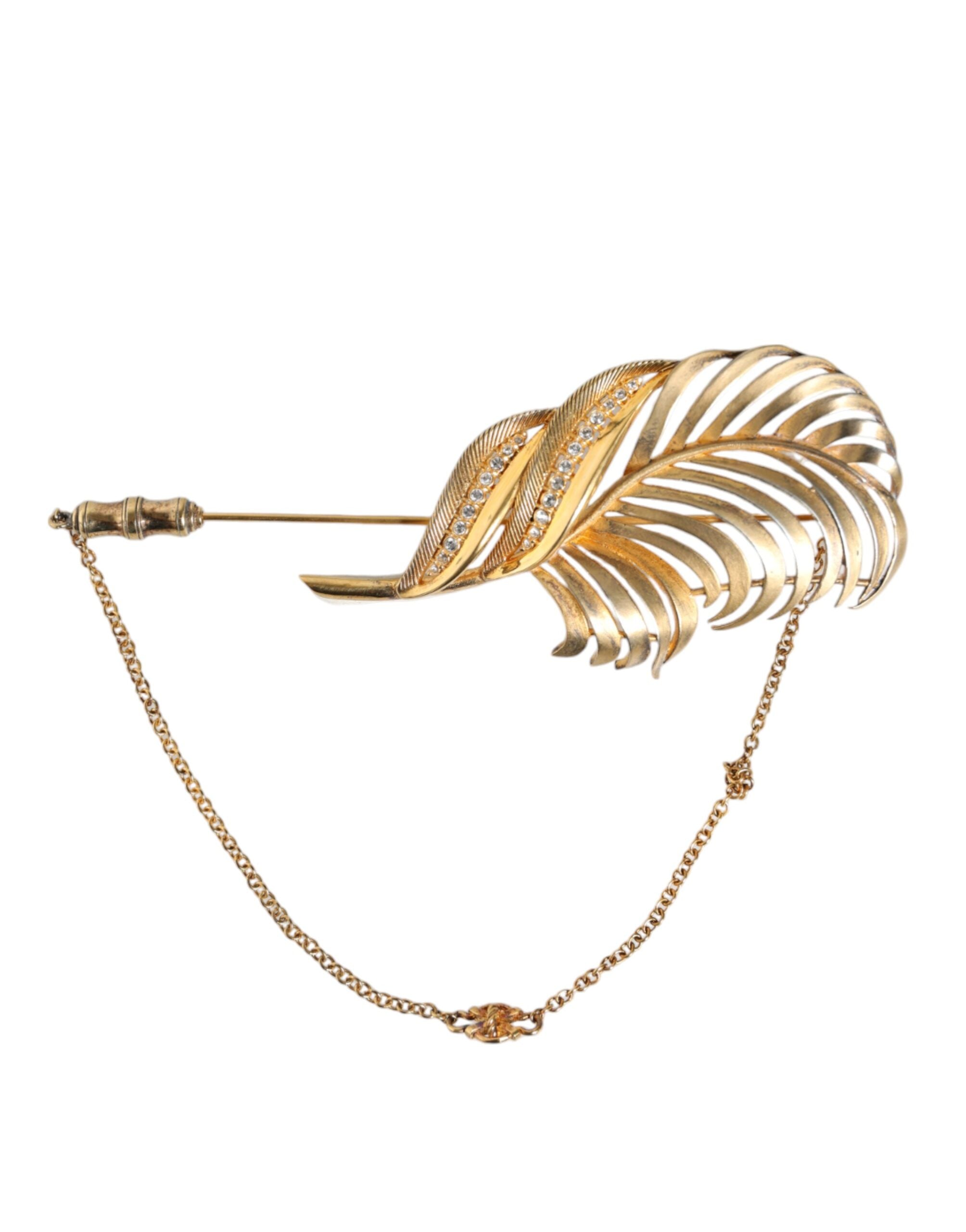 Dolce & Gabbana Goldfarbene 925er Sterlingsilber-Brosche mit Blatt- und Kristallketten