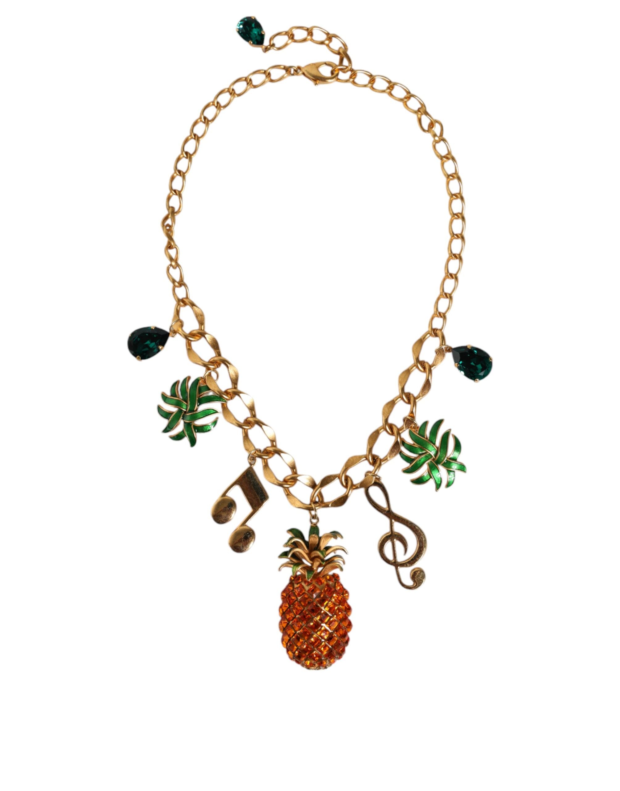 Dolce & Gabbana – Goldfarbene Messingkette mit Ananas-Kristall und Musik-Anhänger