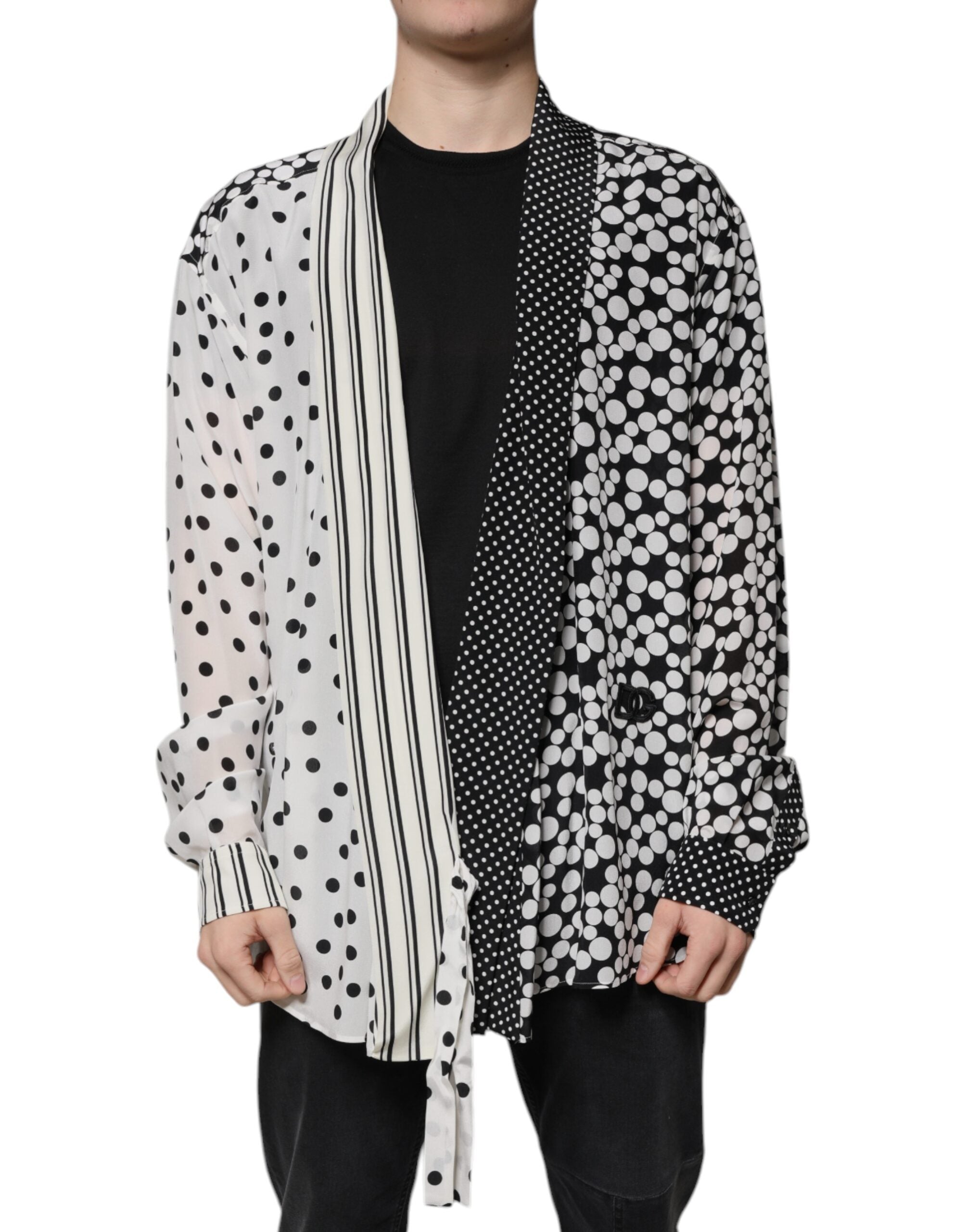 Dolce & Gabbana Schwarz-Weiß Polka Dots Seide Herren Freizeithemd