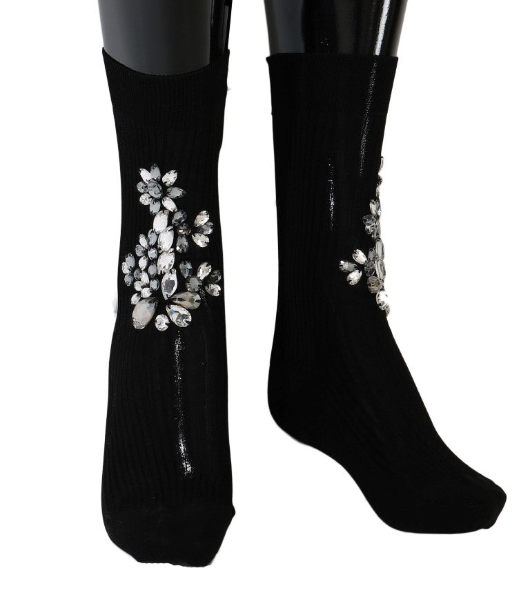 Dolce & Gabbana – Schwarze Strickstrümpfe mit Kristallverzierung