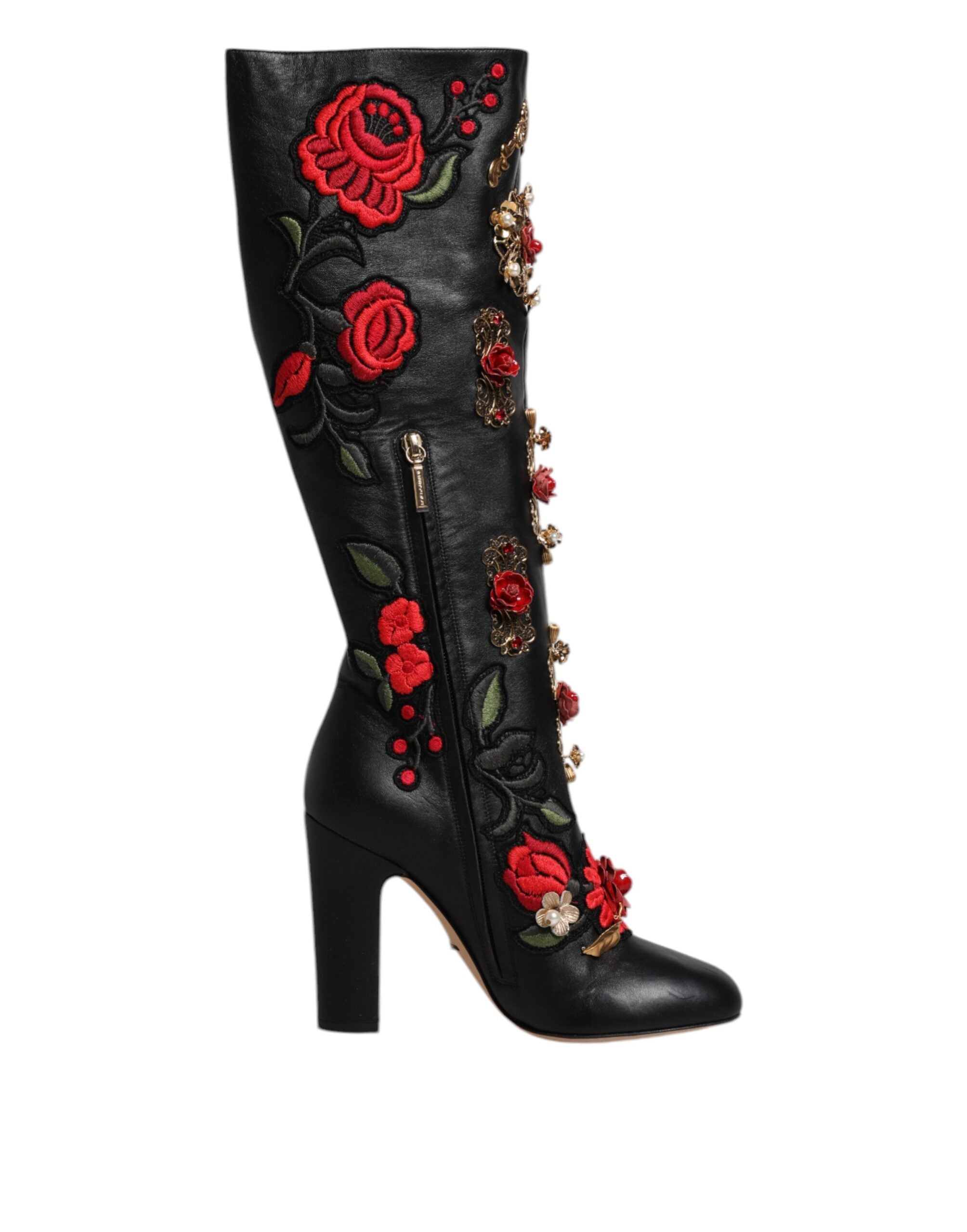 Dolce & Gabbana Schwarze Stiefeletten aus Leder mit Rosenverzierung