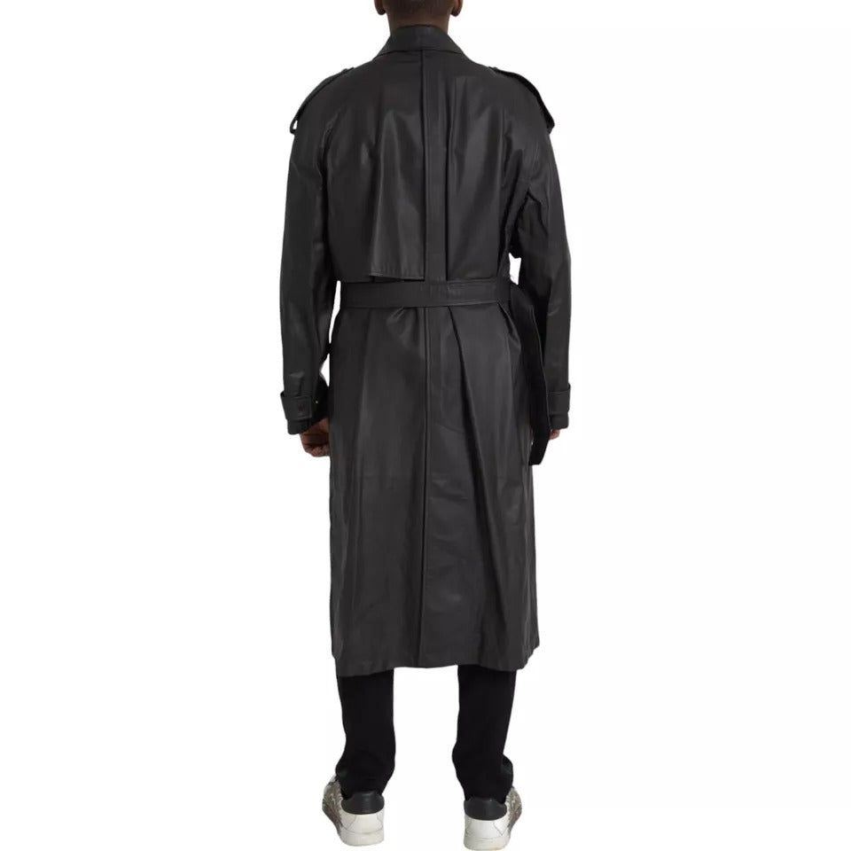 Bottega Veneta Men Black Leather Waterproof Trenchcoat Jacket