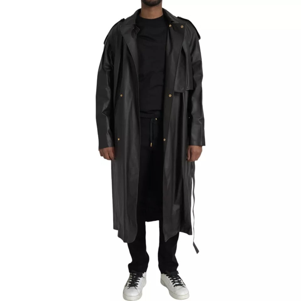 Bottega Veneta Men Black Leather Waterproof Trenchcoat Jacket
