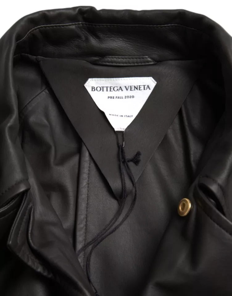Bottega Veneta Men Black Leather Waterproof Trenchcoat Jacket
