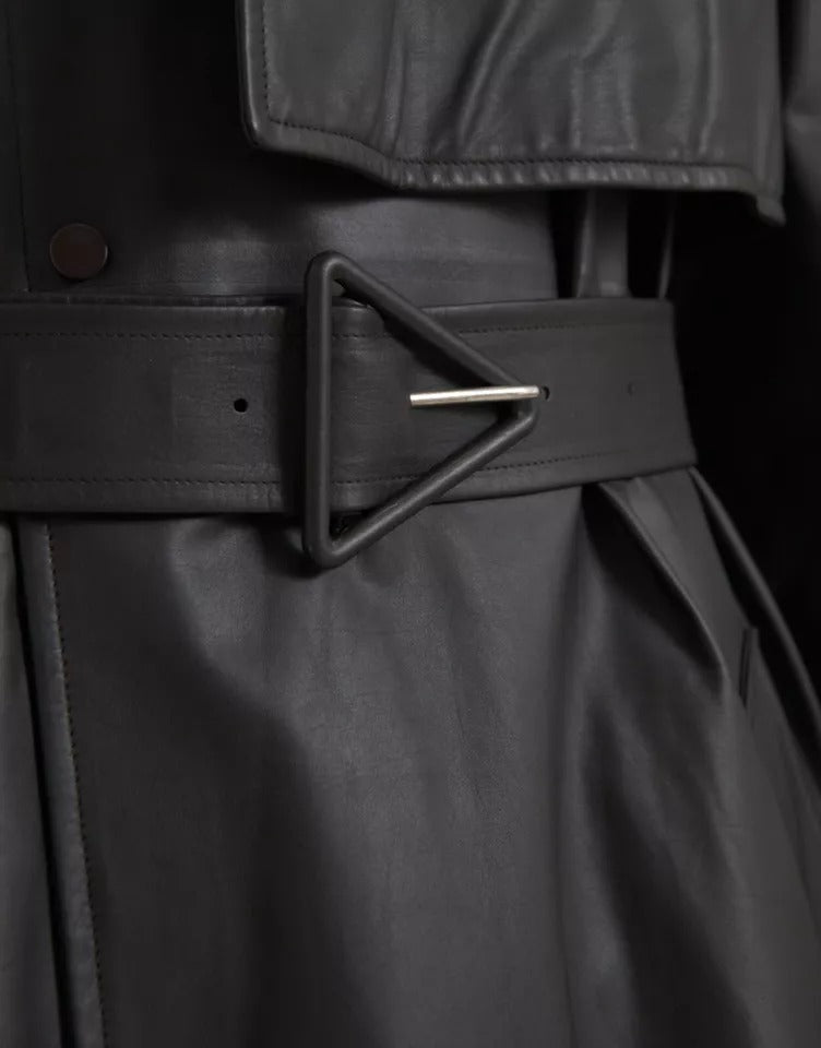 Bottega Veneta Men Black Leather Waterproof Trenchcoat Jacket