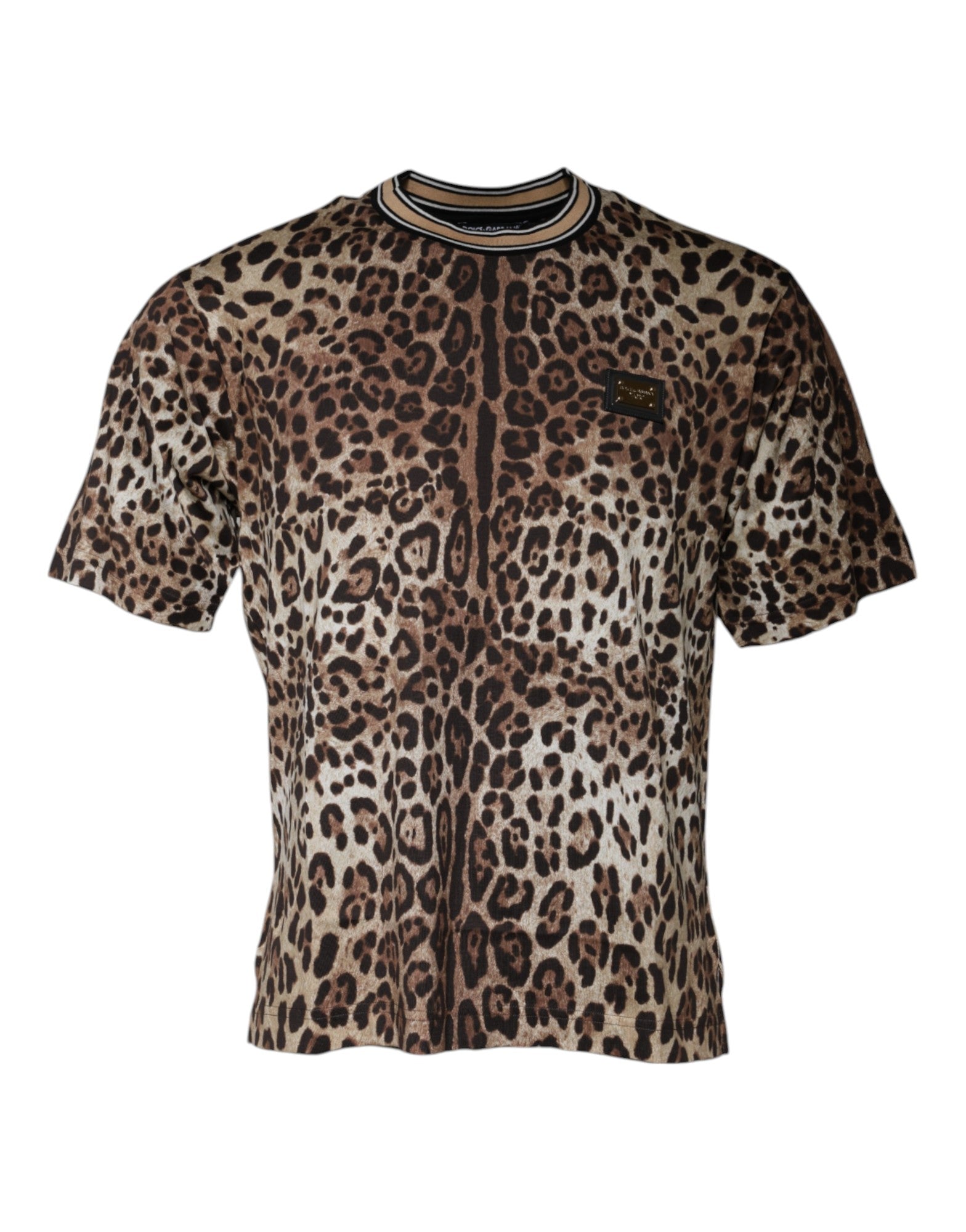 Dolce & Gabbana – Braunes, kurzärmliges T-Shirt mit Rundhalsausschnitt und Leopardenmuster
