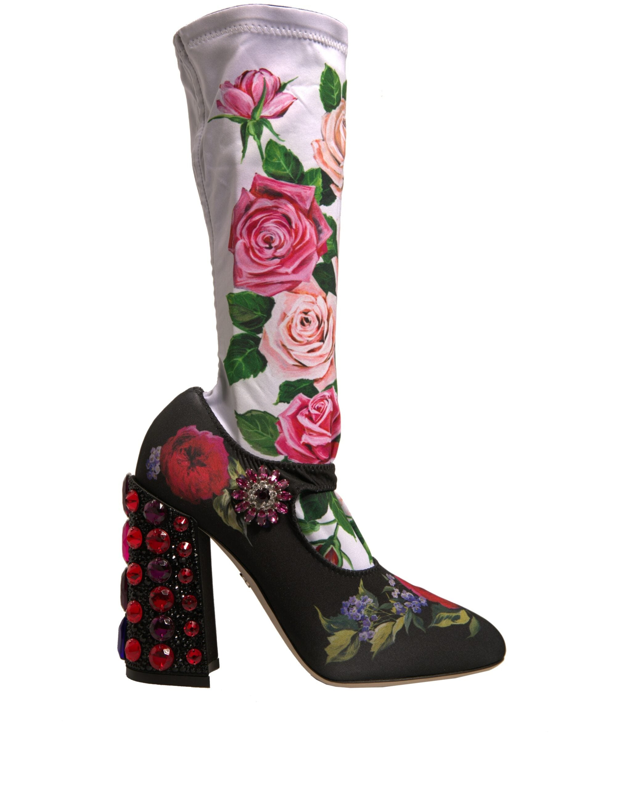Dolce & Gabbana Schwarze Blumensocken Kristallstiefel Jerseyschuhe