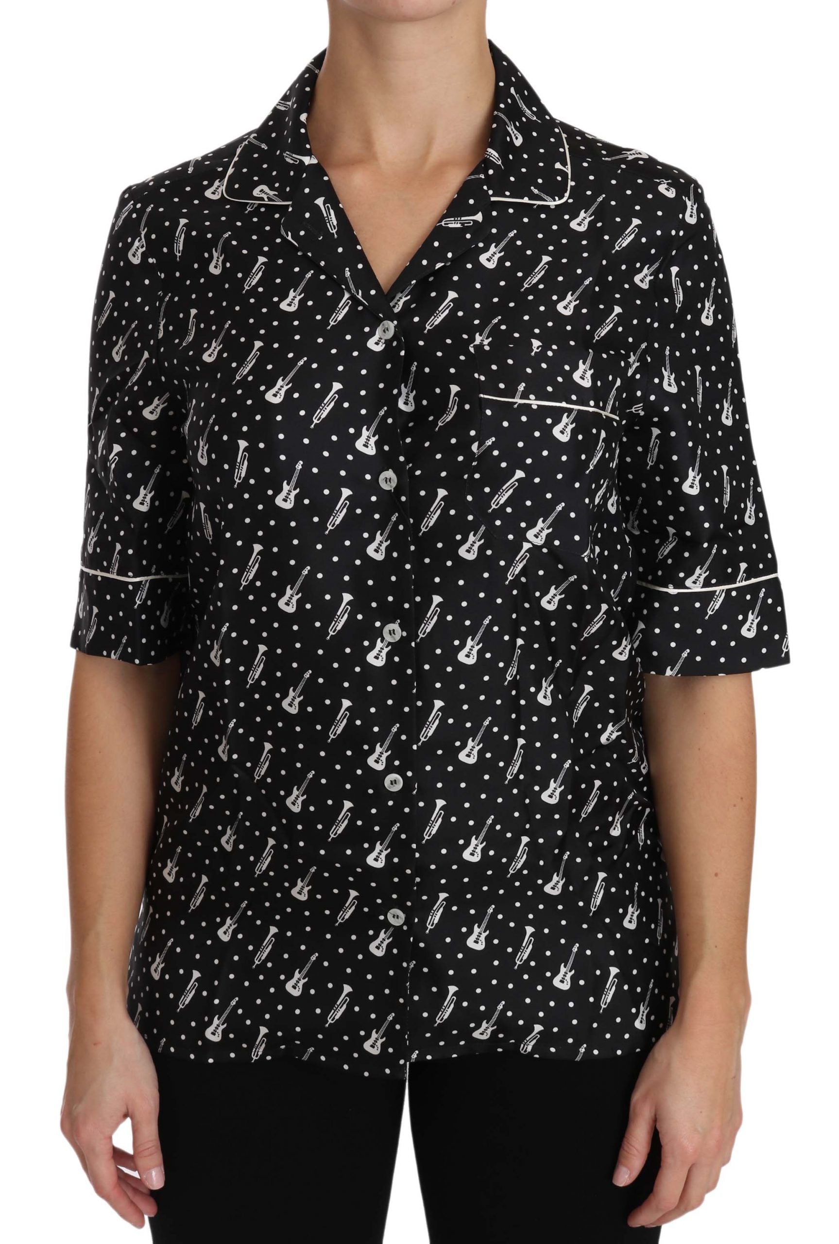 Dolce & Gabbana – Seiden-Poloshirt mit Gitarren- und Trompetendruck