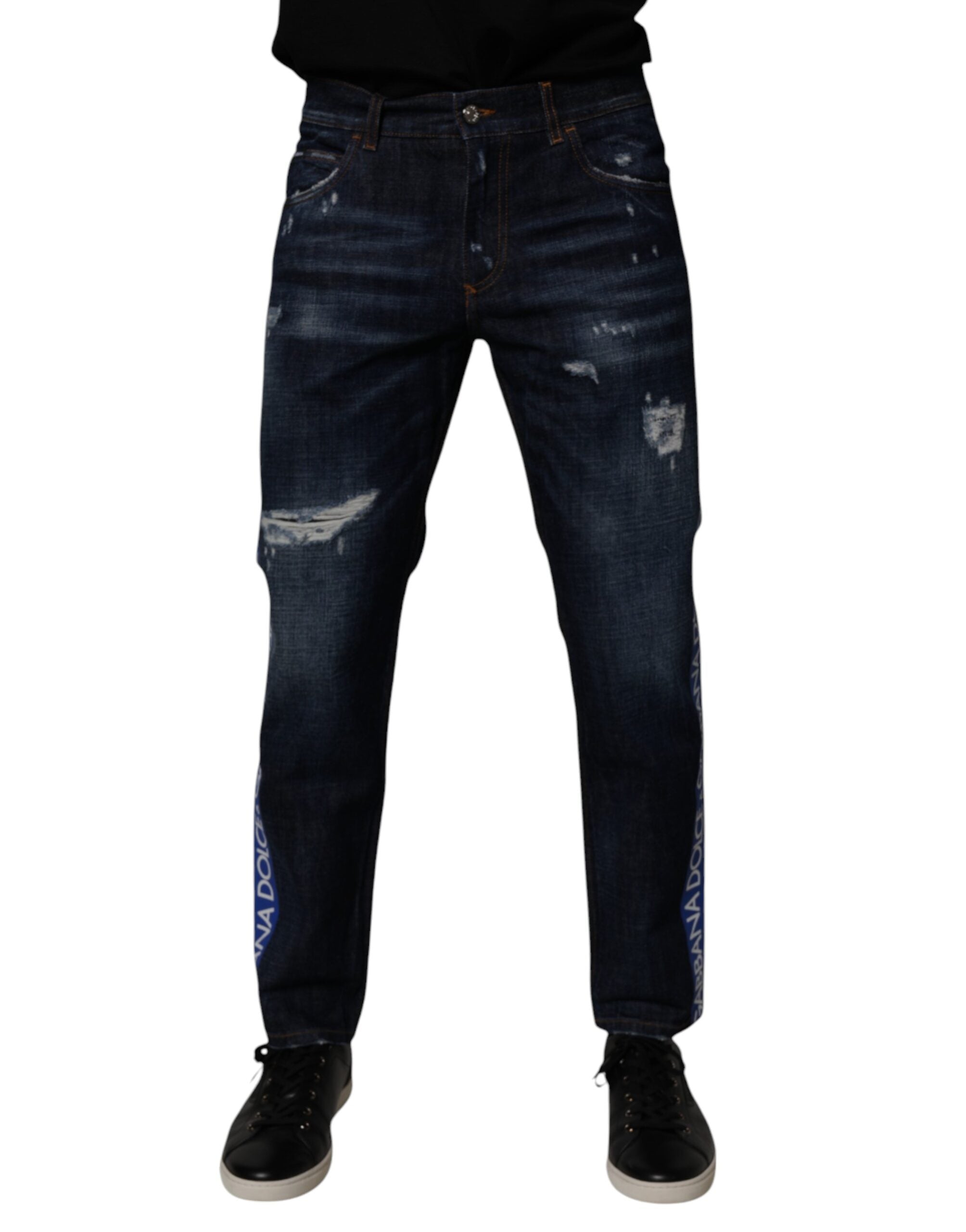 Dolce & Gabbana Dark Blue Cotton Tattered Skinny Denim Jeans