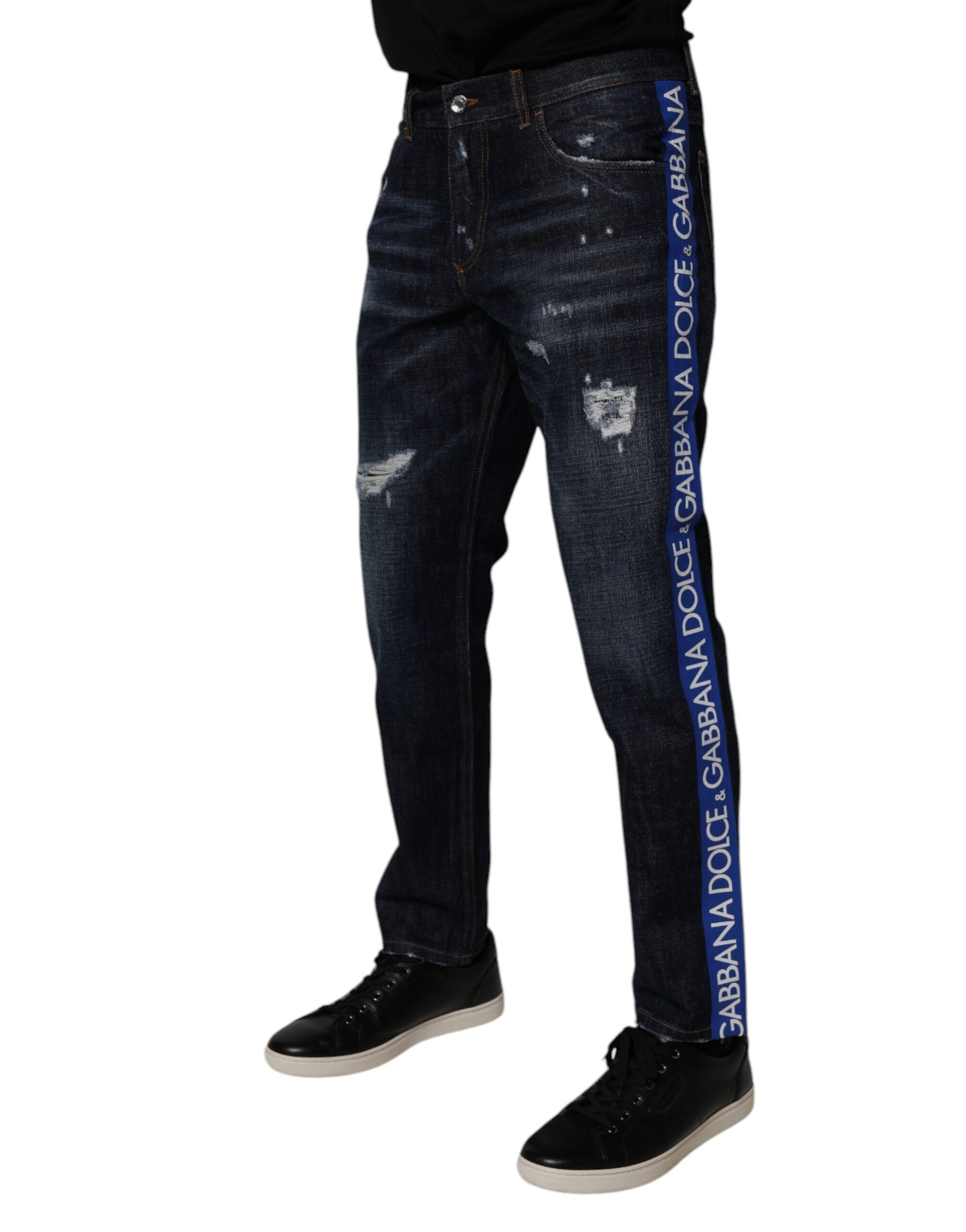 Dolce & Gabbana Dark Blue Cotton Tattered Skinny Denim Jeans