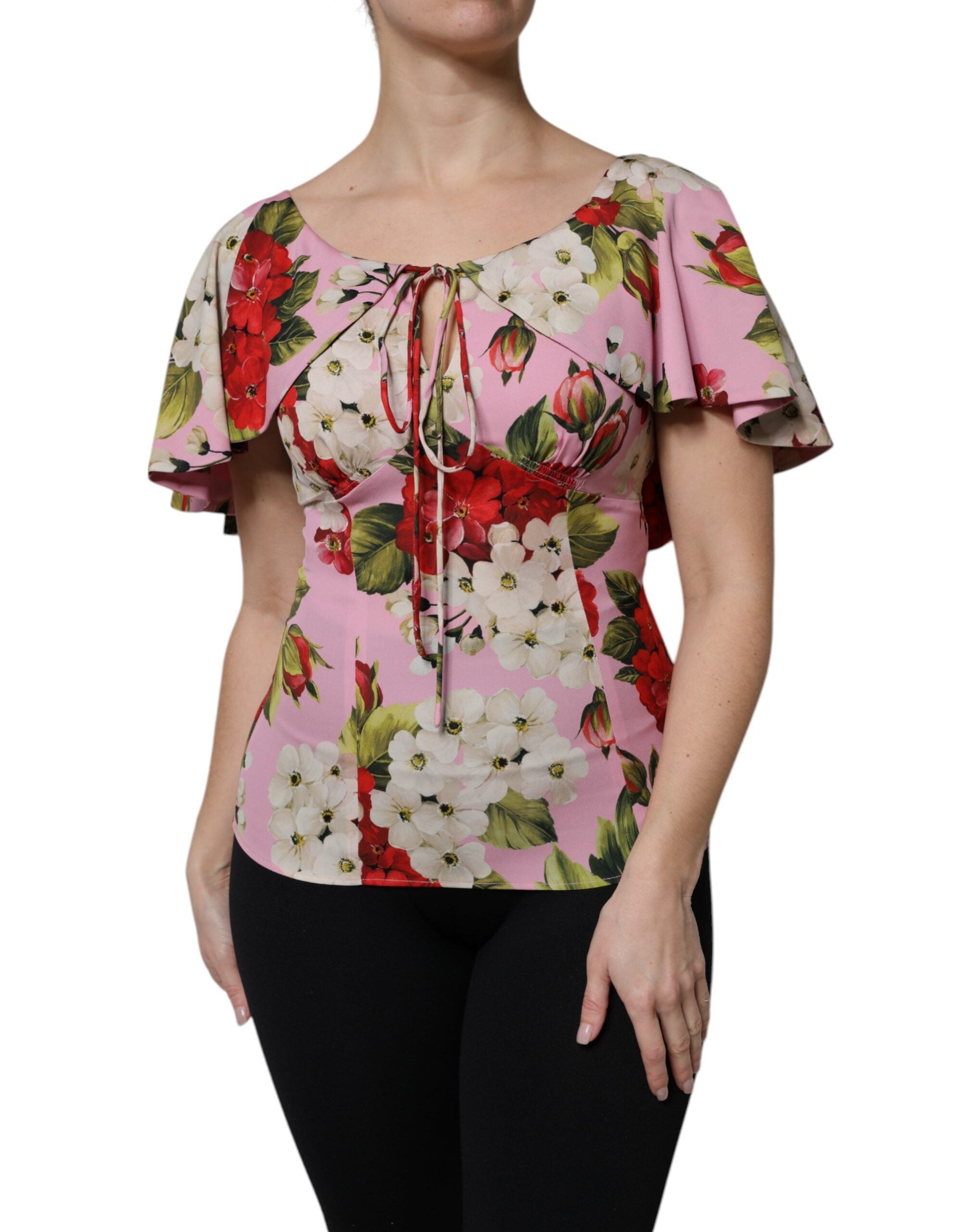 Dolce & Gabbana – Kurzärmliges Blusentop aus Seide mit Blumenmuster in Rosa