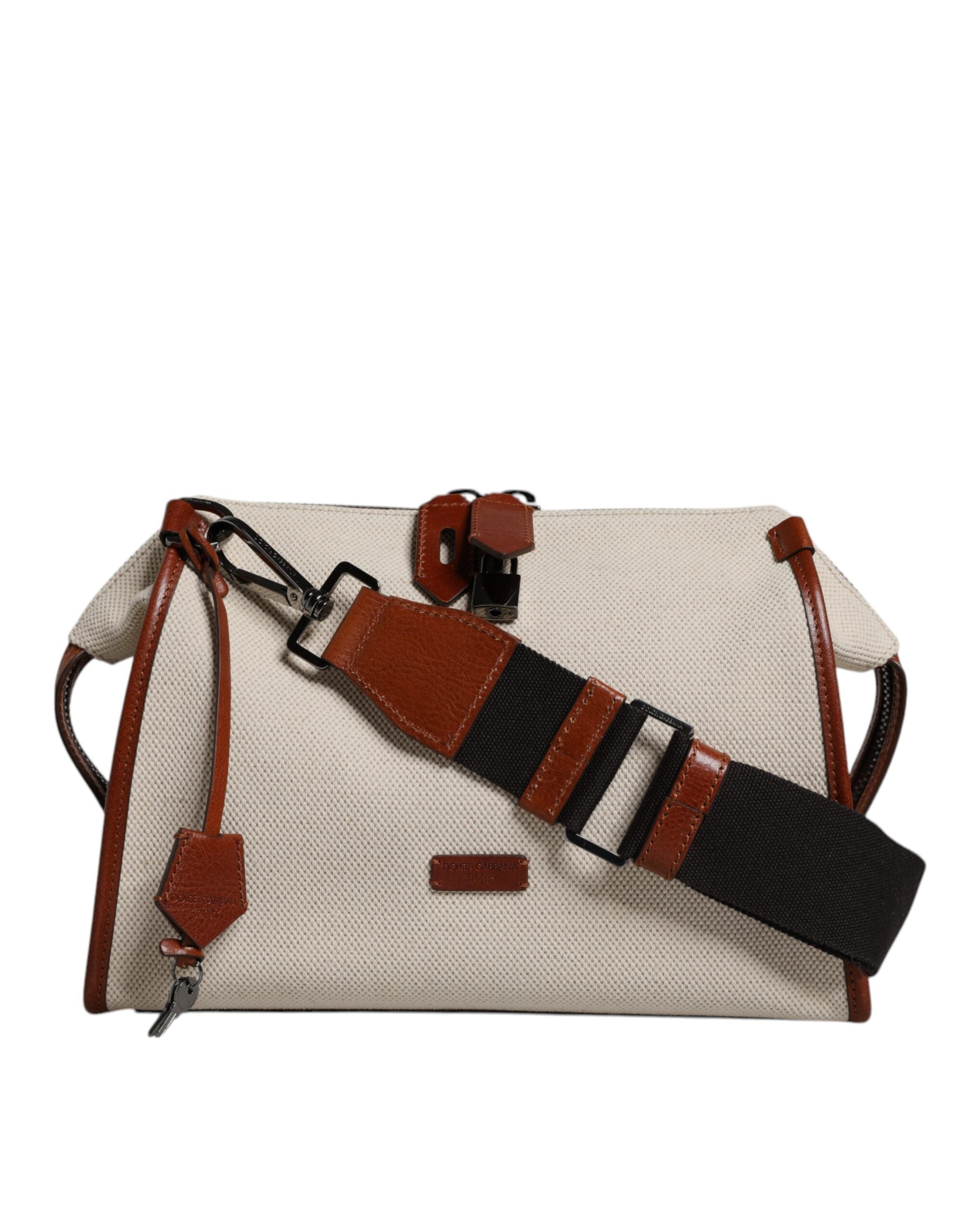 Dolce & Gabbana Beige Braune Duffle-Umhängetasche aus Baumwollleder